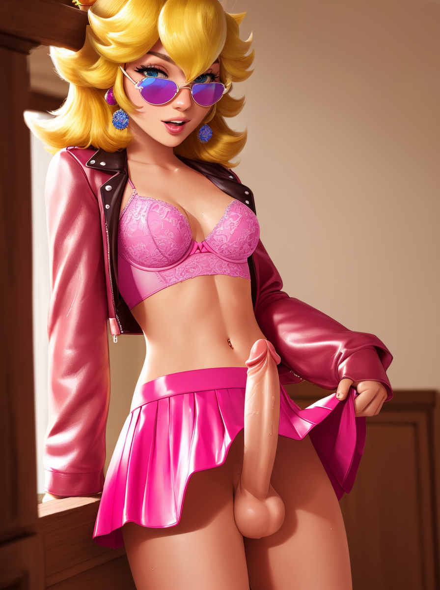 1futa, ai generated, athletic, athletic futa, balls, balls under clothes, bottomless skirt, breasts, dickgirl, dickgirl only, erect penis, erection, erection under clothes, erection under skirt, futa only, futanari, intersex, large penis, makychan, mario (series), medium breasts, partially clothed, penis, penis out, penis under clothes, penis under skirt, presenting penis, princess peach, skirt, skirt lift, toned