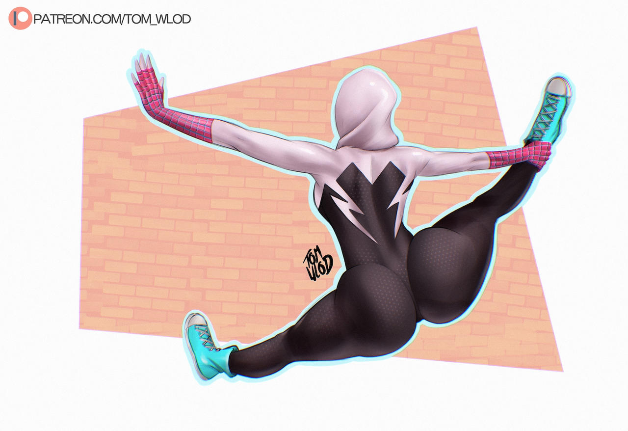1girls, ass, backside, big ass, big butt, blue shoes, bodysuit, converse, crazydraftsman, female, female only, grabbing leg, gwen stacy, hood, large ass, legs apart, legs spread, marvel, marvel comics, rear view, shoes, solo, spider-gwen, spider-man (series), spread legs, superhero, superheroine