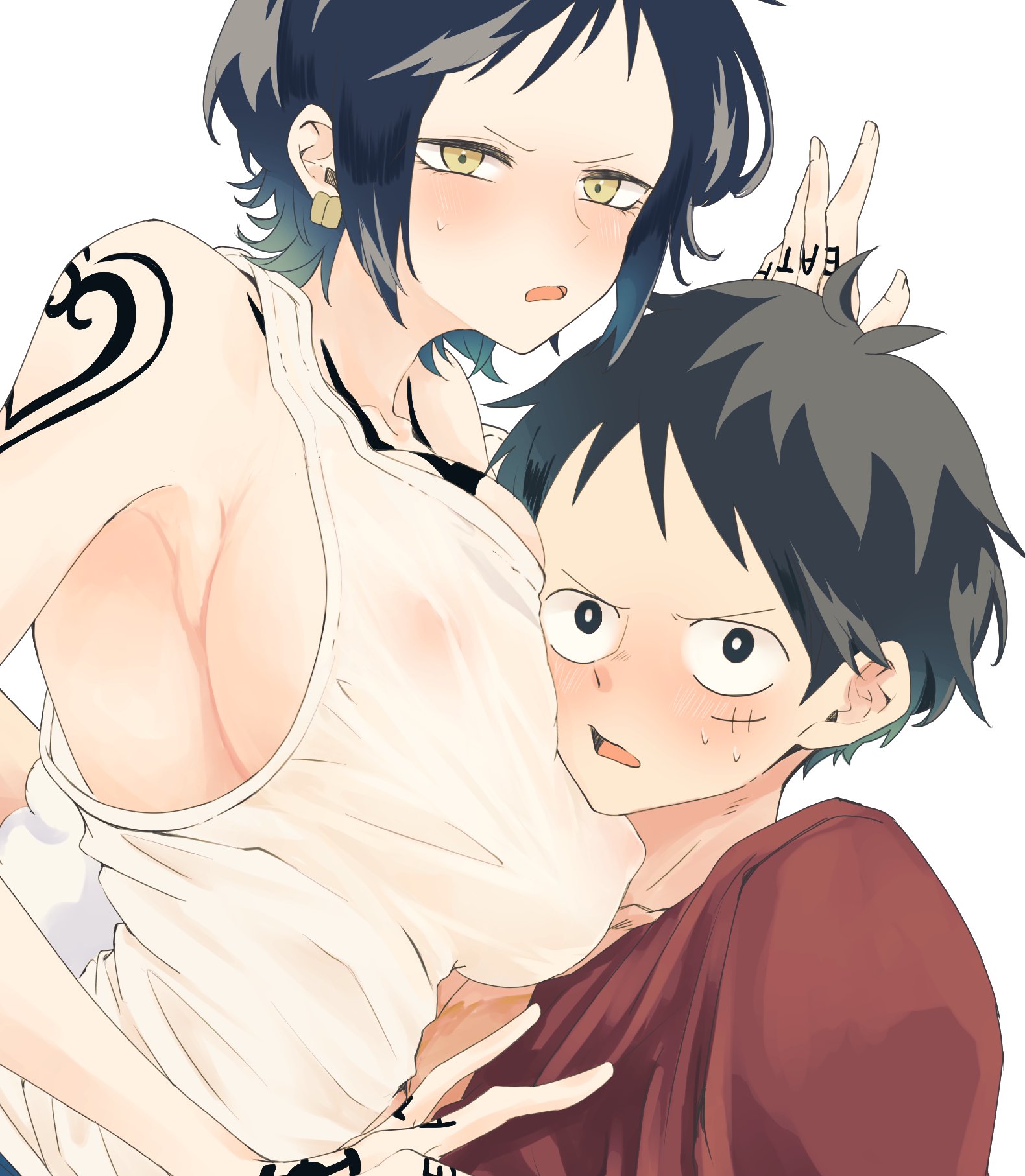 1boy, 1girls, akns op, big breasts, black hair, blush, breast press, breasts, canon genderswap, chest tattoo, earrings, face in breasts, female, genderswap, genderswap (mtf), looking at viewer, male, monkey d luffy, nipples visible through clothing, no bra, one piece, rule 63, short hair, shoulder tattoo, shounen jump, sideboob, sweatdrop, tank top, tattoo, tattoos, trafalgar law, trafalgar law (female), upper body, yellow eyes