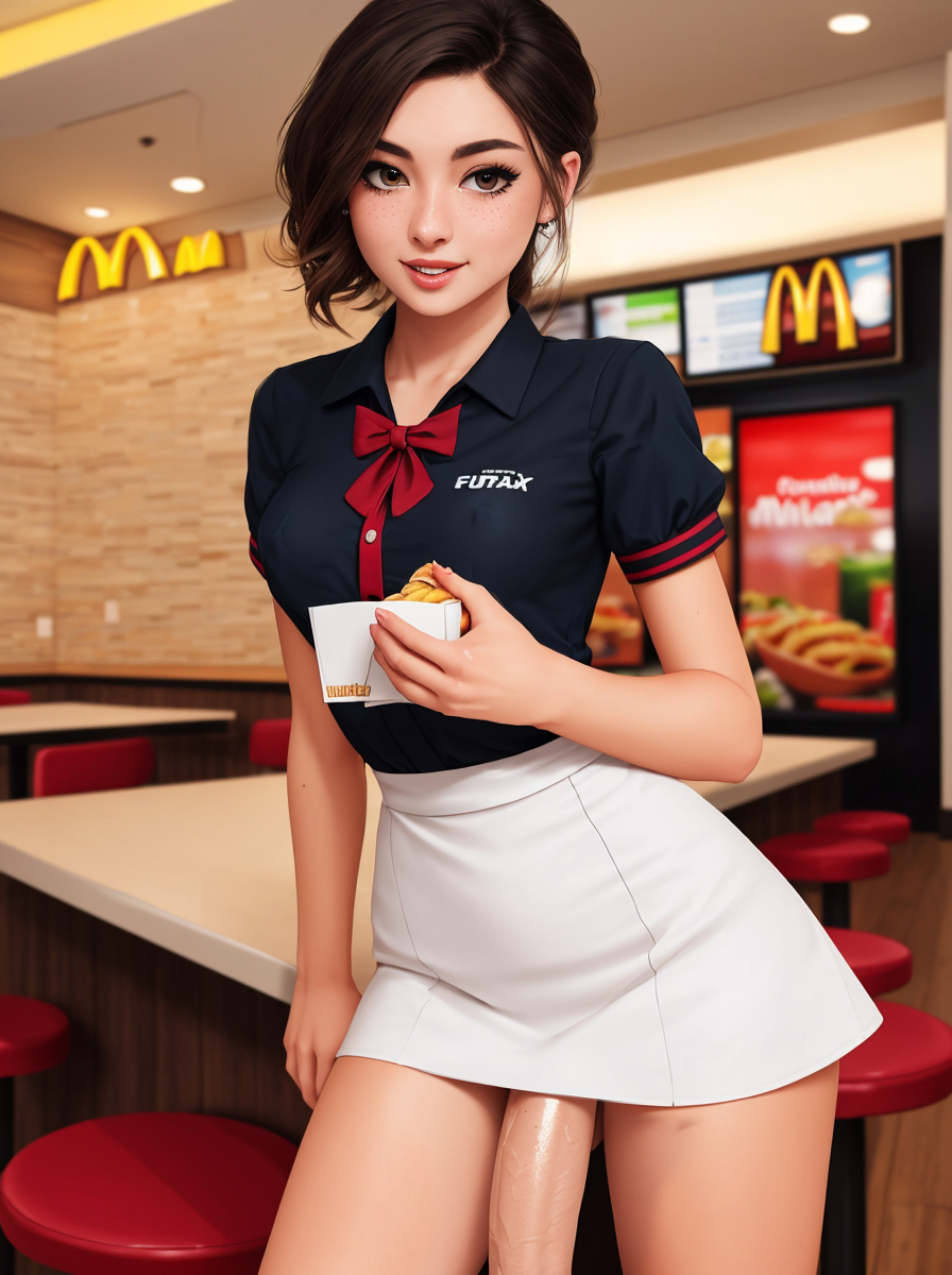 1futa, ai generated, athletic, athletic futa, balls, balls under clothes, bottomless skirt, breasts, dickgirl, erect nipples, flaccid, futa only, futanari, intersex, large penis, makychan, mcdonald's, mostly clothed, nipple bulge, nipples, partially clothed, penis, penis out, penis under clothes, penis under skirt, presenting penis, public, public exposure, public nudity, restaurant, skirt, small breasts, toned, waitress