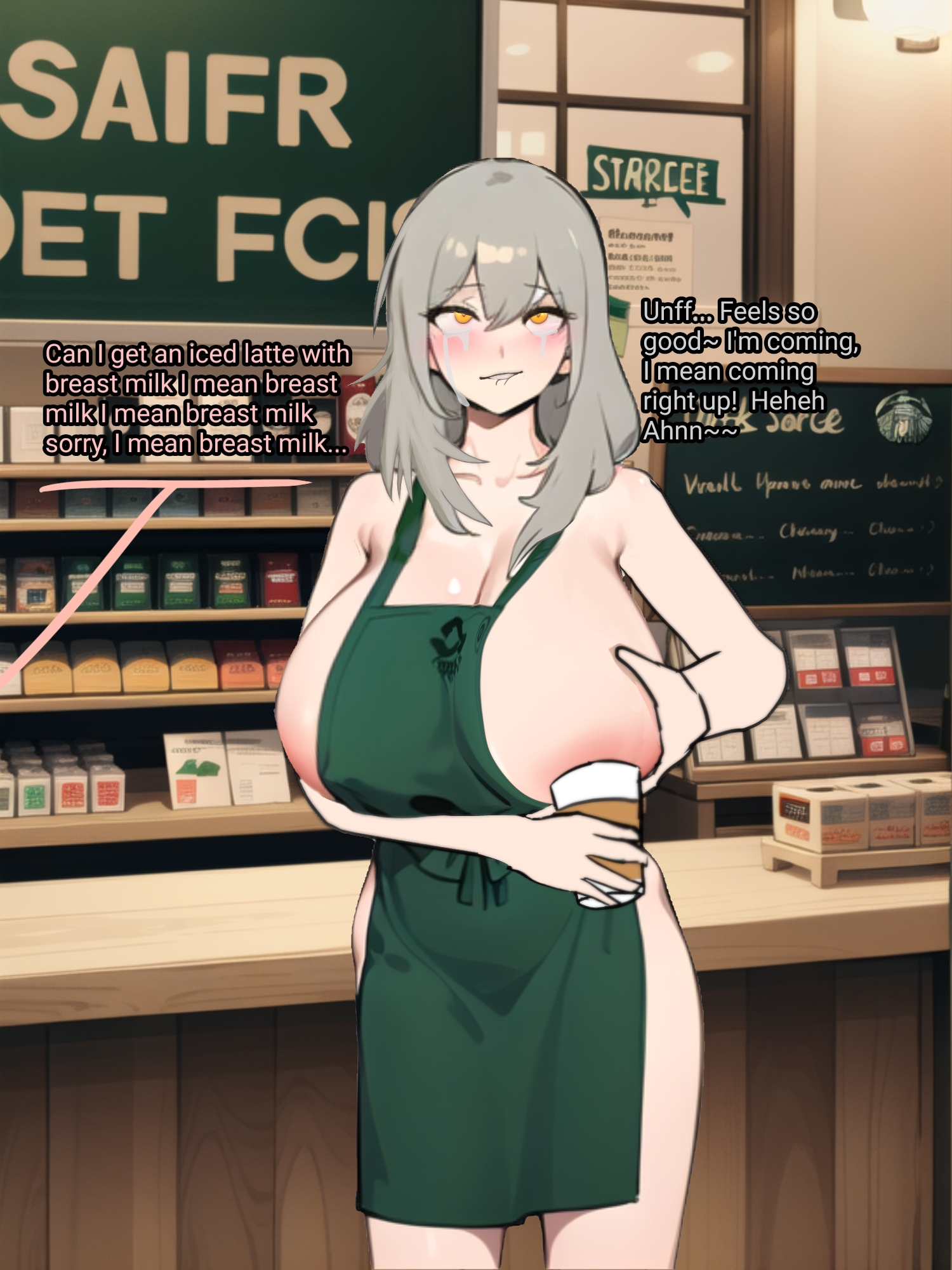 ai generated, ai generated background, apron, apron only, artist request, barista, biting lip, biting own lip, breast expansion, breast growth, breast growth (enlargement), breast squeeze, breasts, employee, employee uniform, female, golden eyes, grey hair, honkai: star rail, hoyoverse, huge breasts, iced latte with breast milk, lactation, mihoyo, naked apron, sideboob, starbucks, stelle (honkai: star rail), tears