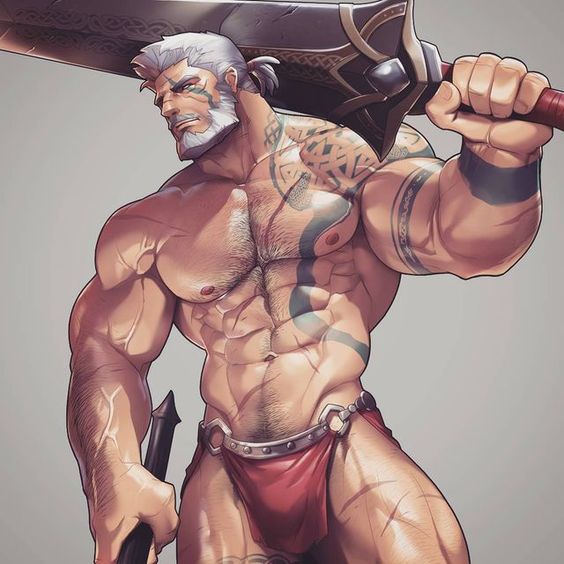 1boy abs bara beard briefs briefs_only bulge bulge_through_clothing dilf facial_hair gray_hair holding holding_object holding_weapon manly muscular muscular_male pecs short_hair silverjow solo solo_focus solo_male standing tattoo tattoo_on_chest tattoos underwear underwear_only warcraft warrior warrior_(warcraft) world_of_warcraft