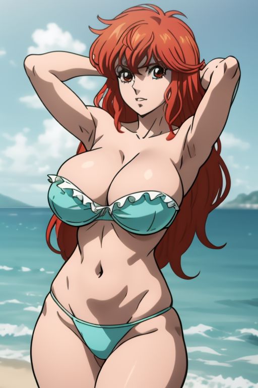 80s_hair ai_generated bandeau bandeau_bikini bastard!! beach blue_bikini curvy female frilled_bikini frilled_bikini_top huge_breasts long_hair navel red_eyes red_hair shounen_jump tia_noto_yoko underboob