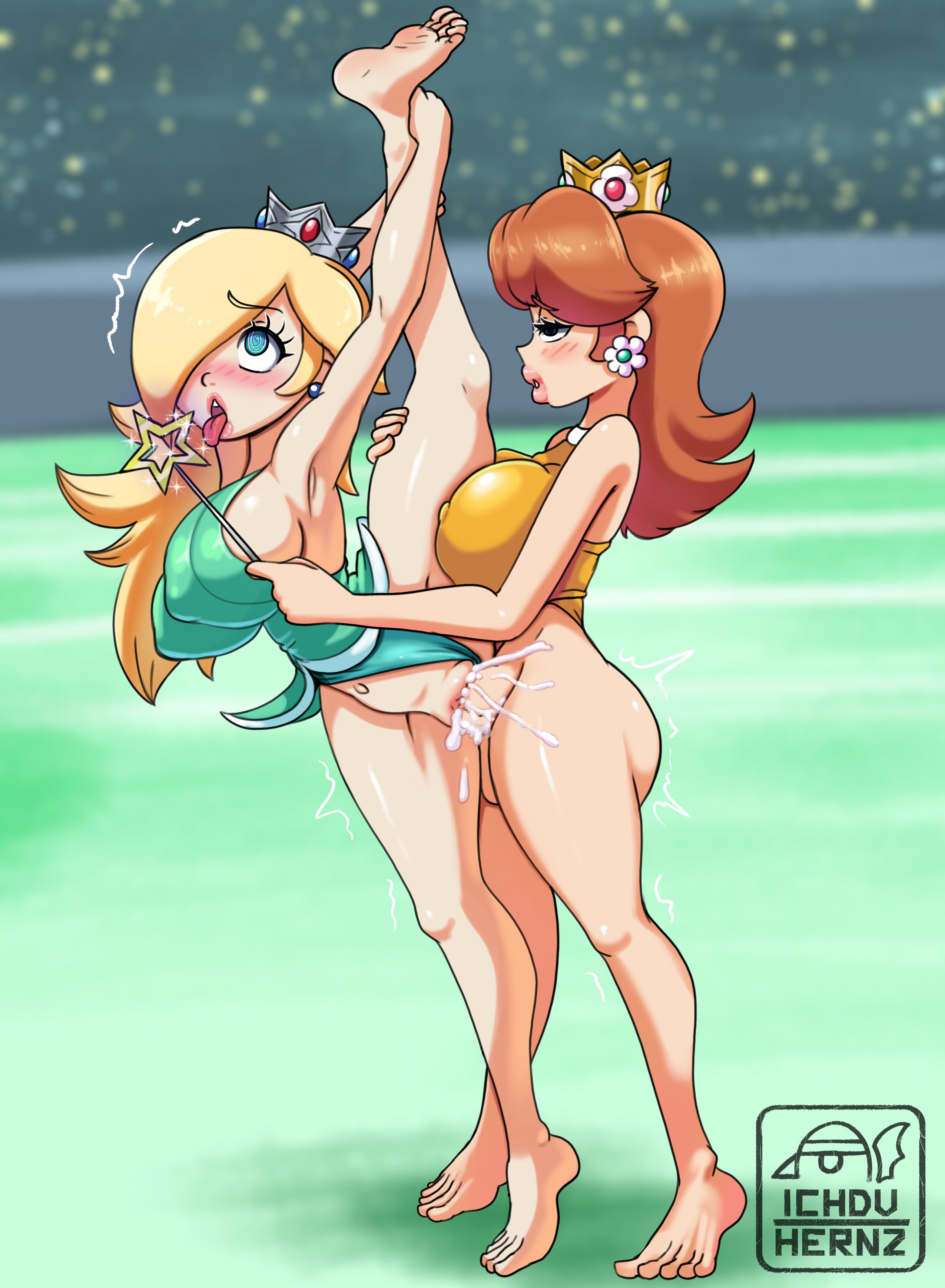 1futa, 1girls, ahe gao, artist logo, artist name, balls, big breasts, big penis, blonde hair, blue eyes, blush, bottomless, breasts, brown hair, clothed, clothing, crown, cum, cum in pussy, cum inside, duo, earrings, ejaculation, erection, eyebrows visible through hair, female, futa on female, futa with female, futanari, hair over one eye, human, ichduhernz, intersex, large breasts, leg up, leotard, light skin, light-skinned female, light-skinned futa, long hair, mario (series), mario and sonic at the olympic games, nintendo, open mouth, orgasm, partially clothed, penis, princess daisy, princess rosalina, pussy, rolling eyes, sex, sideboob, splits, standing, standing sex, testicles, tongue, tongue out, vaginal penetration, vertical splits, voluptuous, voluptuous futa, wand