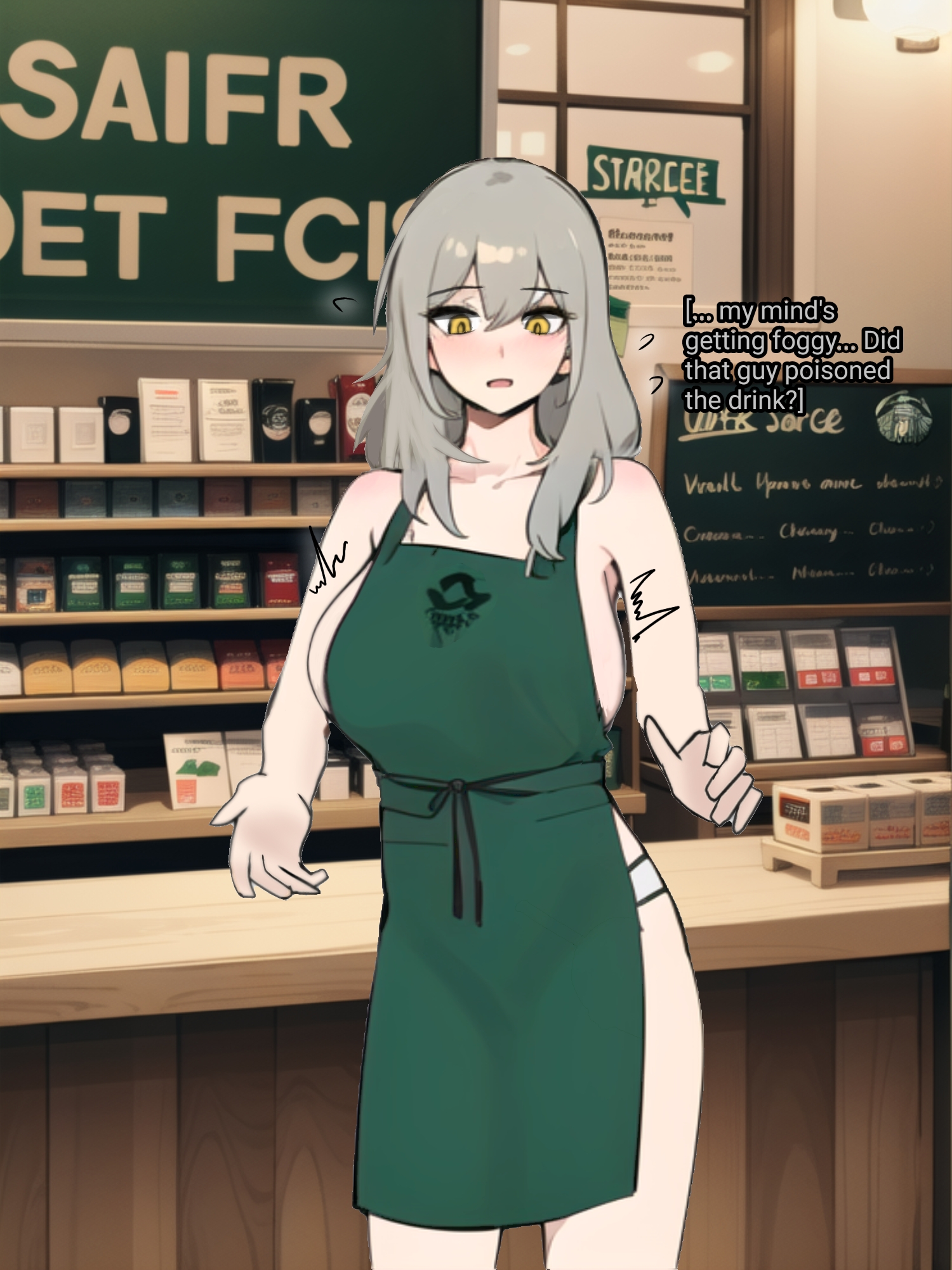 ai assisted, ai generated, ai generated background, apron, apron only, barista, breast expansion, breast growth, breast growth (enlargement), breast squeeze, breasts, employee, employee uniform, female, golden eyes, grey hair, huge breasts, iced latte with breast milk, lactation, naked apron, sideboob, starbucks, stelle (honkai: star rail)