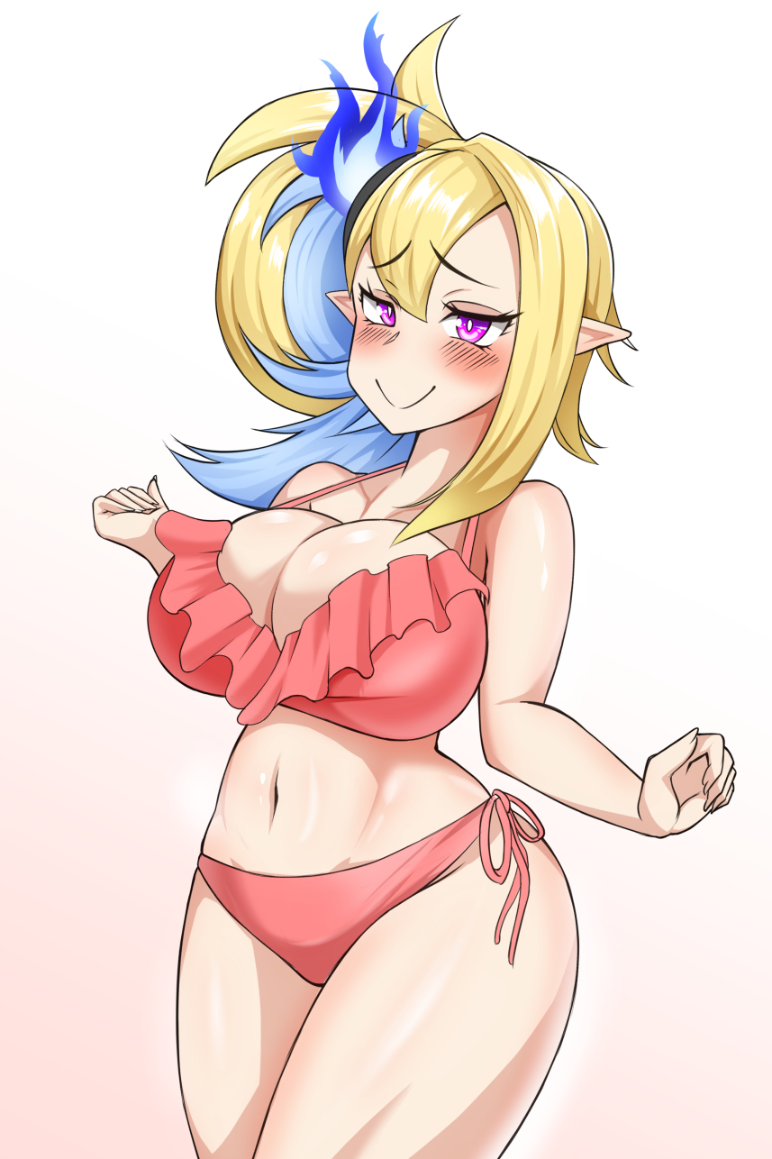 1girls big_breasts bikini blonde_hair blue_fire blue_hair breasts elf_ears female female_only fire half-closed_eyes navel nbhimecwkxzee4z pink_bikini pink_eyes sevens_road_witch smile solo swimsuit yu-gi-oh! yu-gi-oh!_sevens