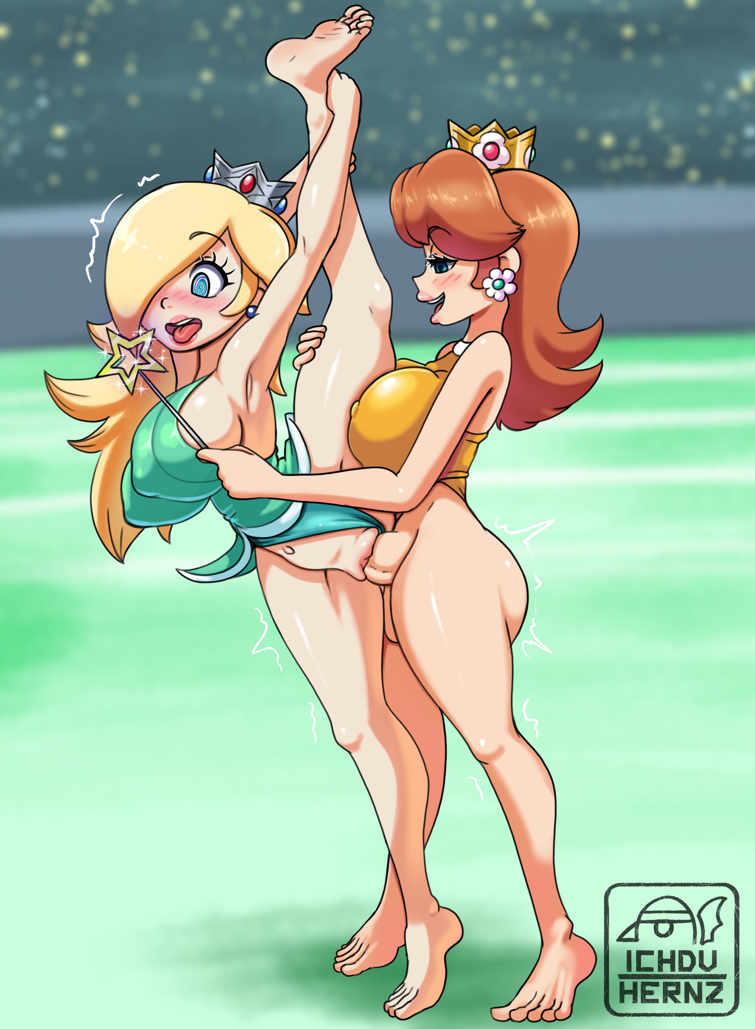 1futa, 1girls, artist logo, artist name, balls, big breasts, big penis, blonde hair, blue eyes, blush, bottomless, breasts, brown hair, clothed, clothing, crown, duo, earrings, erection, eyebrows visible through hair, female, futa on female, futa with female, futanari, hair over one eye, human, ichduhernz, intersex, large breasts, leg up, leotard, light skin, light-skinned female, light-skinned futa, long hair, mario (series), mario and sonic at the olympic games, nintendo, open mouth, partially clothed, penis, princess daisy, princess rosalina, pussy, sex, sideboob, splits, standing, standing sex, testicles, tongue, tongue out, vaginal penetration, vertical splits, voluptuous, voluptuous futa, wand