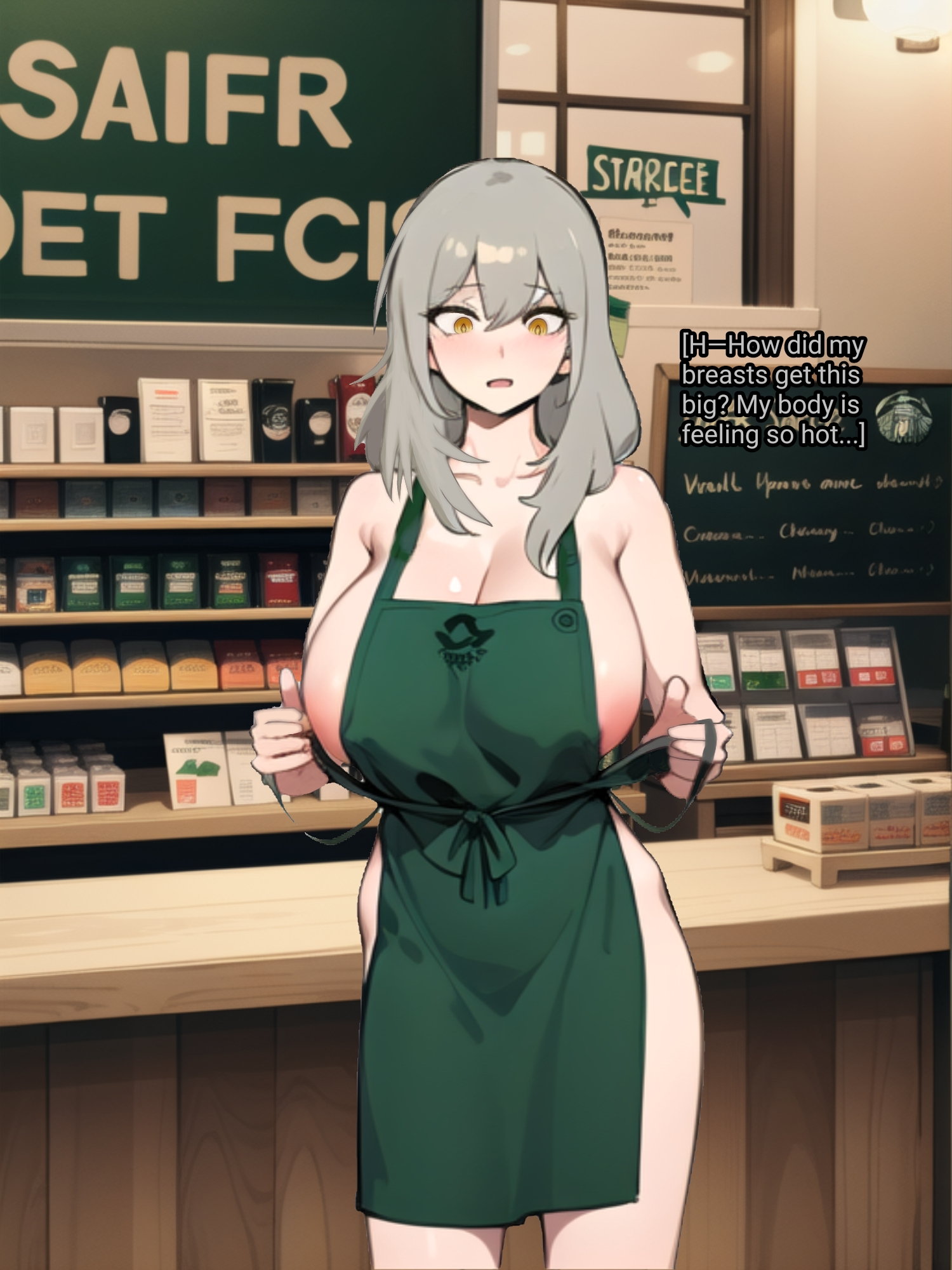 ai generated, ai generated background, apron, apron only, barista, breast expansion, breast growth, breast growth (enlargement), breast squeeze, breasts, employee, employee uniform, female, golden eyes, grey hair, huge breasts, iced latte with breast milk, lactation, naked apron, sideboob, starbucks, stelle (honkai: star rail)