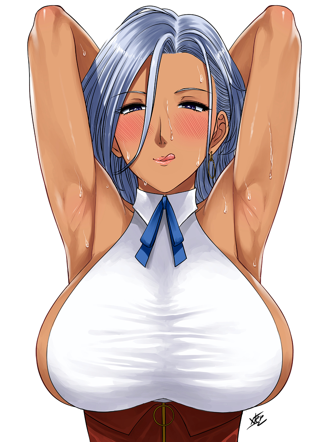 1girls :q anastasia_palma armpits arms_behind_head arms_up artist_signature bare_armpits big_breasts blue_eyes blue_hair blush blushed blushing blushing_at_viewer blushing_female breasts dark-skinned_female dark_skin ear_piercing ear_ring earring earrings eyebrows_visible_through_hair female female_only forehead hair_between_eyes half-closed_eyes highres huge_breasts jewelry large_breasts licking licking_lips lipstick long_hair long_hair_female looking_at_viewer massive_breasts no_bra sakura_taisen sakura_wars sega shin_sakura_taisen short_hair silver_hair simple_background smile solo solo_female sweat sweater sweating sweaty sweaty_armpits sweaty_arms sweaty_body tongue tongue_out upper_body white_background woman xtermination