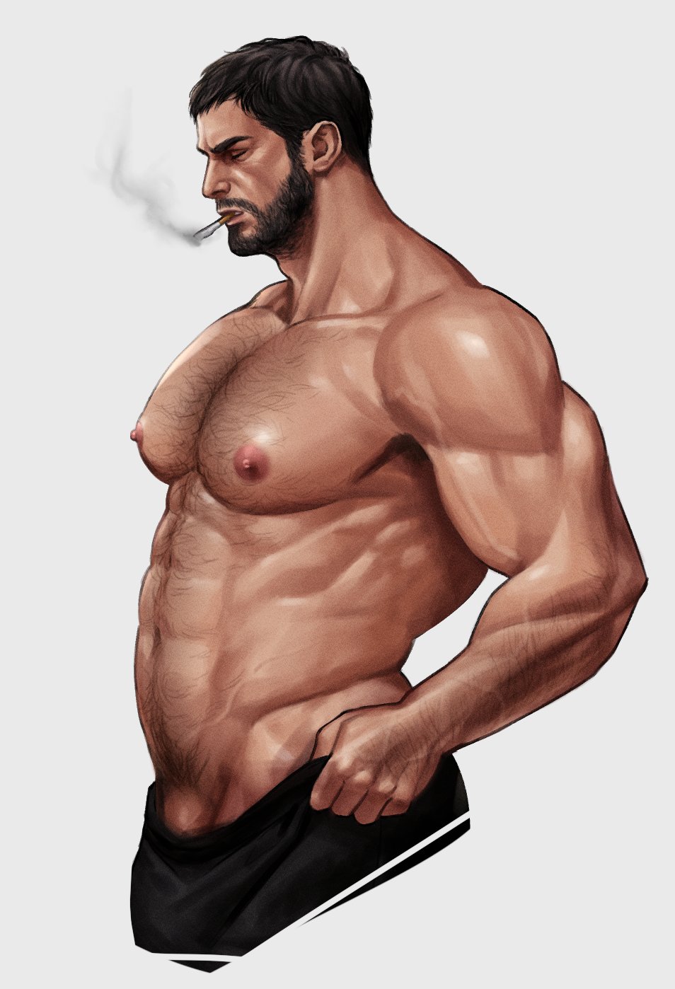 1boy abs areyoucracked bad_id bad_twitter_id bara black_hair black_pants chest_hair chris_redfield cigarette closed_eyes facial_hair highres large_pectorals male_focus male_only male_pubic_hair muscular muscular_male navel nipples pants pants_lift pectorals penis penis_peek pubic_hair resident_evil resident_evil_8:_village short_hair smoking solo solo_male