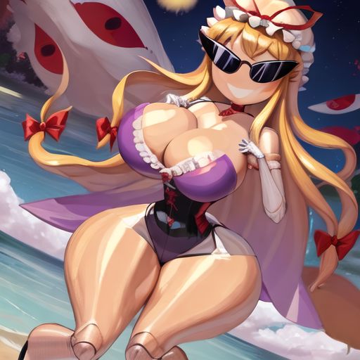 ai_generated armpits bimbo bimbo_body bimbofication bimbofied body_modification corset dollification female hourglass_figure huge_ass huge_breasts implied_transformation npg8993 panties permanent_smile smile sunglasses sunnification thick_thighs thin_waist touhou transformation wide_hips yukari_yakumo