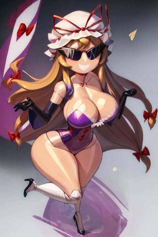 ai_generated armpits bimbo bimbo_body bimbofication bimbofied body_modification corset dollification female high_heels hourglass_figure huge_ass huge_breasts implied_transformation npg8993 panties permanent_smile smile sunglasses sunnification thick_thighs thin_waist touhou transformation wide_hips yukari_yakumo