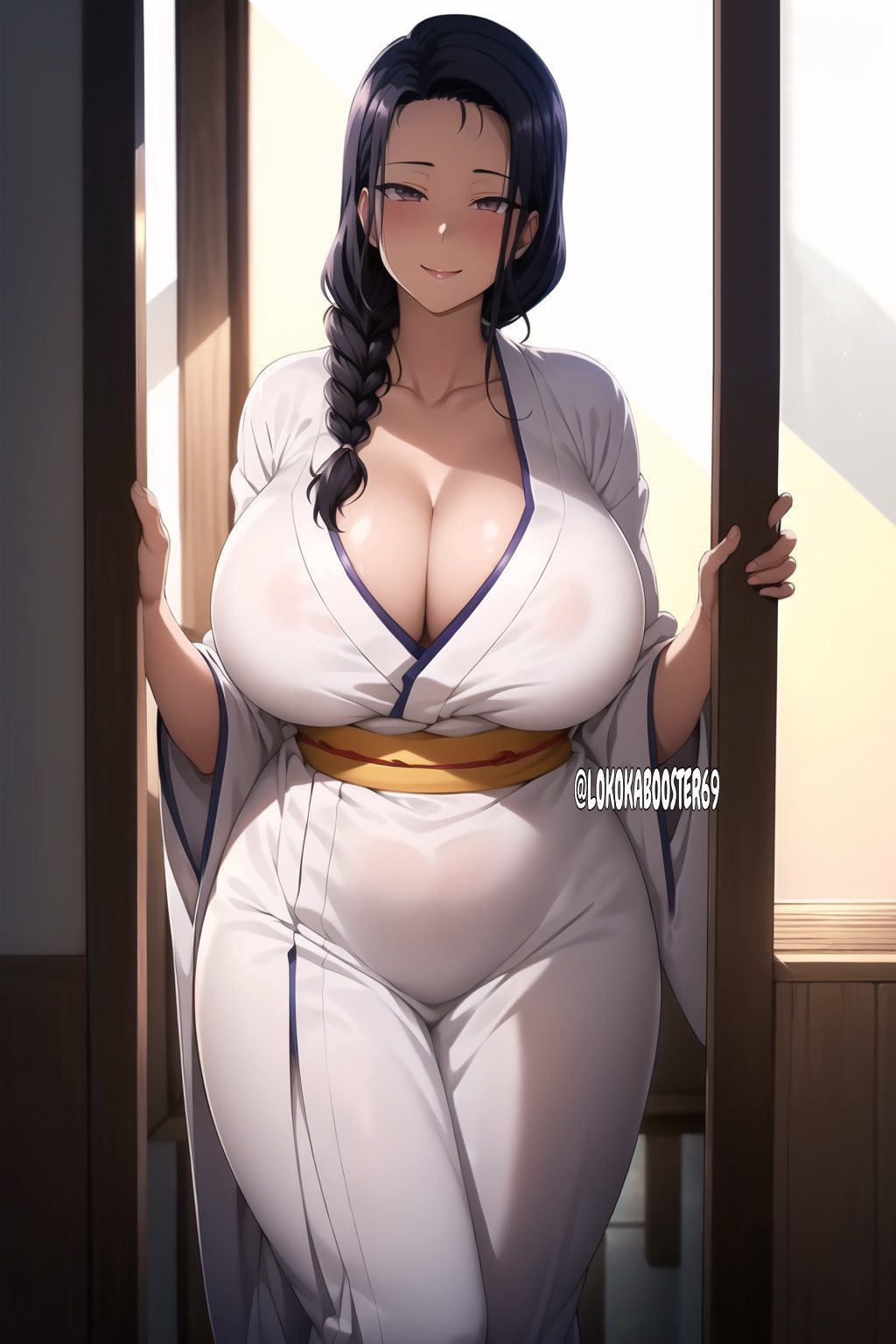 1girls ai_generated big_breasts big_thighs blush blush_lines blushing blushing_at_viewer breasts cleavage female female_focus female_only lokokabooster69 long_hair looking_at_viewer milf miyajima_tsubaki no_bra no_panties purple_hair saimin_seishidou shiny shiny_hair shiny_skin smile sole_female thick_thighs thighs voluptuous voluptuous_female