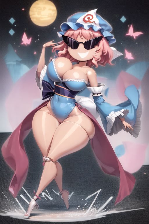 ai_generated armpits bimbo bimbo_body bimbofication bimbofied body_modification corset dollification female hourglass_figure huge_ass huge_breasts implied_transformation knick_knack midriff npg8993 panties permanent_smile smile sunglasses sunnification sunny_miami thick_thighs thin_waist touhou transformation wide_hips yuyuko_saigyouji