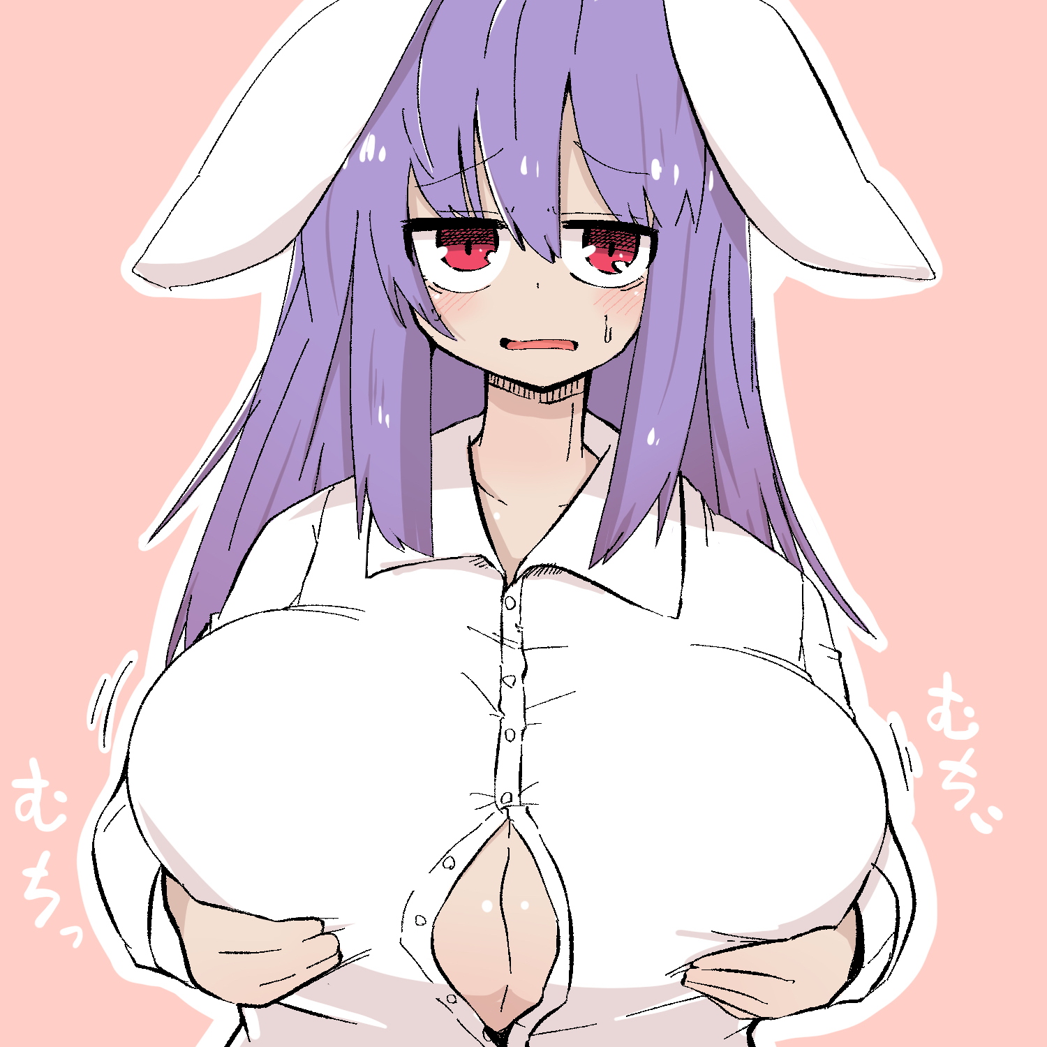 boob window, breasts, bunny ears, bunny girl, female, grabbing own breast, huge breasts, japanese text, ooyama bokuchi, paizuri invitation, reisen udongein inaba, tired eyes, touhou