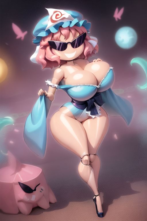 ai_generated armpits bimbo bimbo_body bimbofication bimbofied body_modification corset dollification female hourglass_figure huge_ass huge_breasts implied_transformation midriff npg8993 panties permanent_smile smile sunglasses sunnification thick_thighs thin_waist touhou transformation wide_hips yuyuko_saigyouji