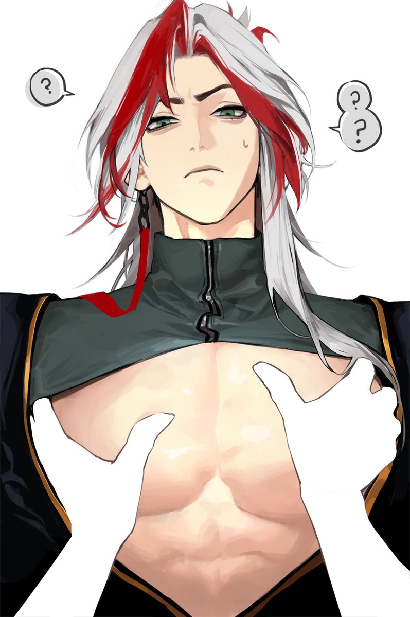 ?, abs, anonymous character, breasts, clothing, female, hands on breasts, heartsteel series, heartsteel yone, large pectorals, league of legends, male, male focus, male only, muscular, pecs, pectoral grab, pectorals, white hair, yone