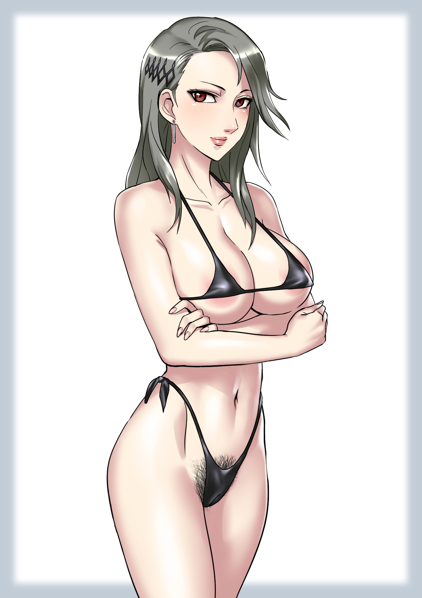 akizora, atlus, autumn sky, breasts, female, female only, grey hair, hairy pussy, light skin, light-skinned female, medium hair, persona, persona 5, pubic hair, pubic hair peek, pussy, sae niijima, solo female, tagme