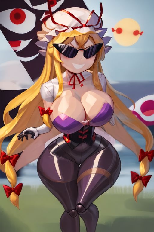 ai_generated armpits bimbo bimbo_body bimbofication bimbofied body_modification corset dollification female hourglass_figure huge_ass huge_breasts implied_transformation npg8993 panties permanent_smile smile sunglasses sunnification thick_thighs thin_waist touhou transformation wide_hips yukari_yakumo