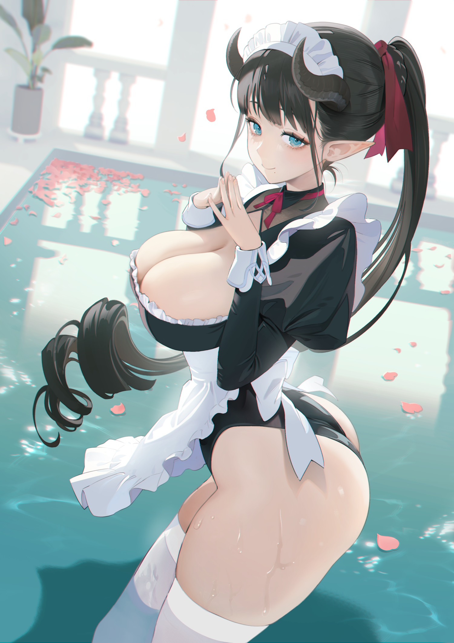 1girls, 2023, absurd res, apron, ass, big ass, black hair, black swimsuit, blue eyes, breasts, cleavage, cleavage cutout, demon, demon girl, demon horns, drill hair, female, female only, fingers together, frills, highleg, highleg swimsuit, highres, horns, large breasts, long ears, long hair, long ponytail, looking at viewer, maid, maid headdress, maid uniform, one-piece swimsuit, original, outdoors, partially submerged, petals, plant, pointy ears, ponytail, pool, potted plant, sencha bashira, skindentation, smile, solo, standing, succubus, swimsuit, swimsuit under clothes, thick thighs, thighhighs, thighs, tied hair, tight clothing, uniform, very long hair, water, wet