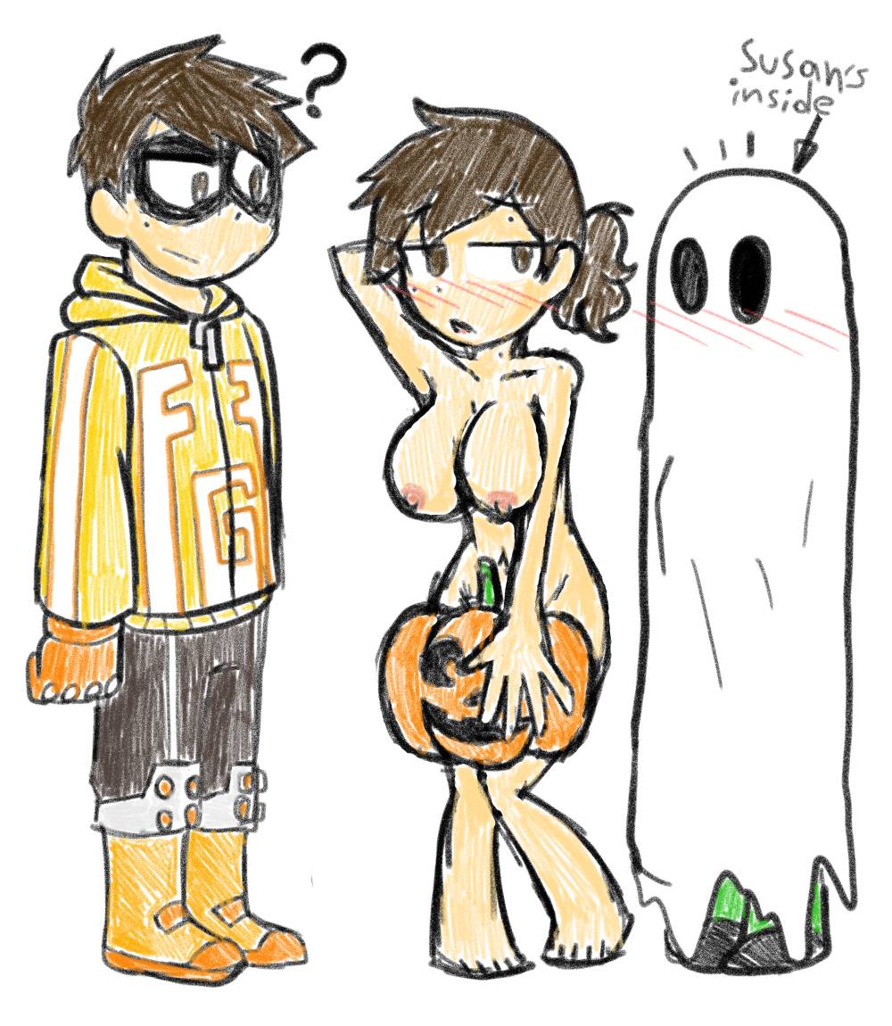 1boy 2girls breasts clothed_female_nude_female clothed_male_nude_female completely_nude completely_nude_female covering_crotch covering_pussy fat_gum_(cosplay) ghost_costume nadia_(nairod103098) nairod nairod103098 navel nipples nude nude_female pumpkin susan_(nairod103098)