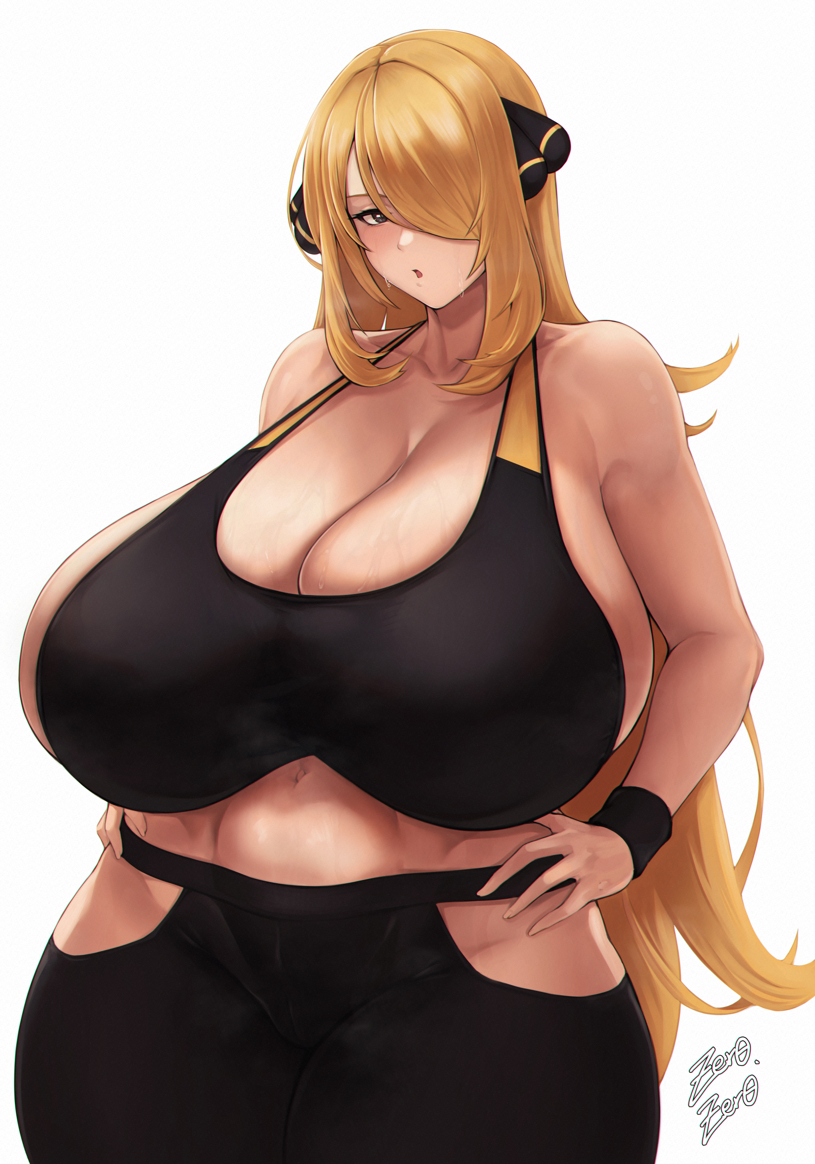 1girls, alternate breast size, breasts, cynthia (pokemon), female, game freak, hi res, huge breasts, light skin, light-skinned female, nintendo, pokemon, pokemon dppt, sports bra, sportswear, thick thighs, thunder thighs, voluptuous, wide hips, zer0artzer0