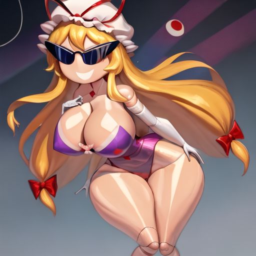 ai_generated armpits bimbo bimbo_body bimbofication bimbofied body_modification corset dollification female hourglass_figure huge_ass huge_breasts implied_transformation npg8993 panties permanent_smile smile sunglasses sunnification thick_thighs thin_waist tinted_eyewear touhou transformation wide_hips yukari_yakumo