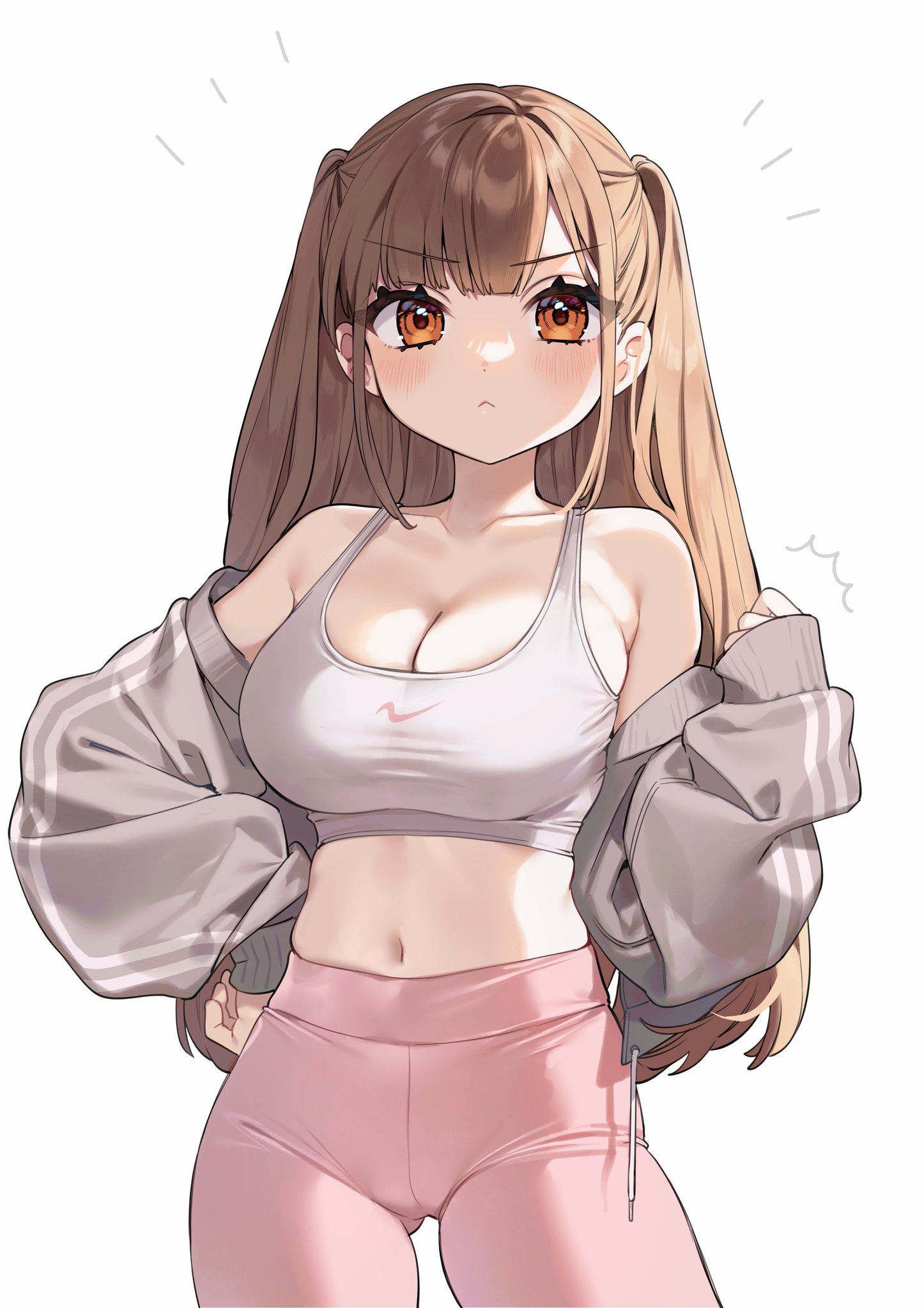:<, 1girls, ass visible through thighs, bangs, bare shoulders, blush, breasts, brown eyes, brown hair, cleavage, closed mouth, collarbone, cowboy shot, crop top, female, frown, grey jacket, hand on hip, jacket, kodama (sakura yuki), large breasts, long hair, long sleeves, looking at viewer, midriff, navel, off shoulder, open clothes, open jacket, orange eyes, pants, pink pants, sakura yuki (clochette), shirt, shortstack, simple background, sleeveless, sleeves past wrists, solo, sports bra, standing, stomach, two side up, v-shaped eyebrows, white background, yoga pants