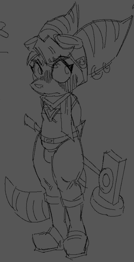 anthro bulge dickgirl earrings futanari garbageboxxxed hammer line_art long_ears ratchet_and_clank rivet_(ratchet_and_clank) sketch