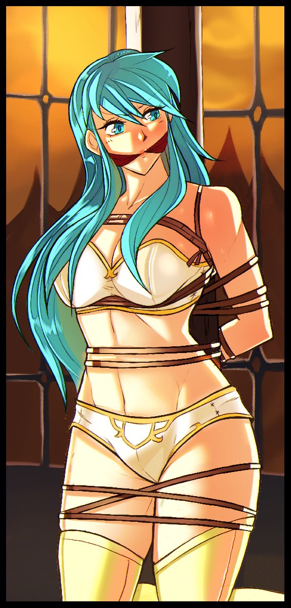 1girls angry aqua_hair arms_behind_back bare_midriff bare_thighs blue_hair bondage boots bound bound_to_pole bound_wrists breasts captured cleavage eirika_(fire_emblem) falsealias female female_only femsub fire_emblem fire_emblem:_the_sacred_stones frown gag humiliation indoors kneeling large_breasts long_hair looking_back midriff nintendo panties pole princess restrained royalty solo sunset thigh_boots thighs underwear very_long_hair white_panties window