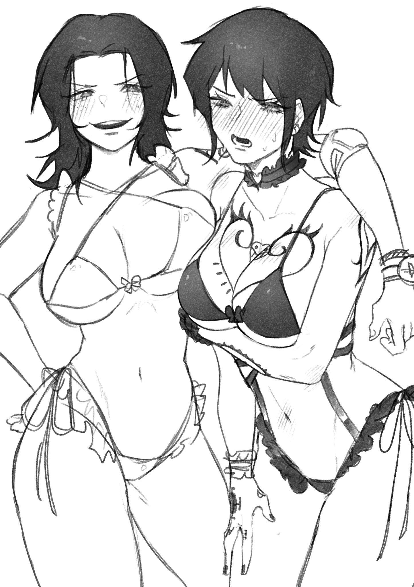 2girls, arm under breasts, big breasts, blush, breast squish, breasts, canon genderswap, chest tattoo, cleavage, embarrassed, female, female only, freckles, genderswap, genderswap (mtf), lingerie, looking at viewer, medium hair, monochrome, one piece, portgas d ace, portgas d ann, rule 63, short hair, shounen jump, sketch, smile, tattoo, tattoos, tiradmisx, trafalgar law, trafalgar law (female), underboob