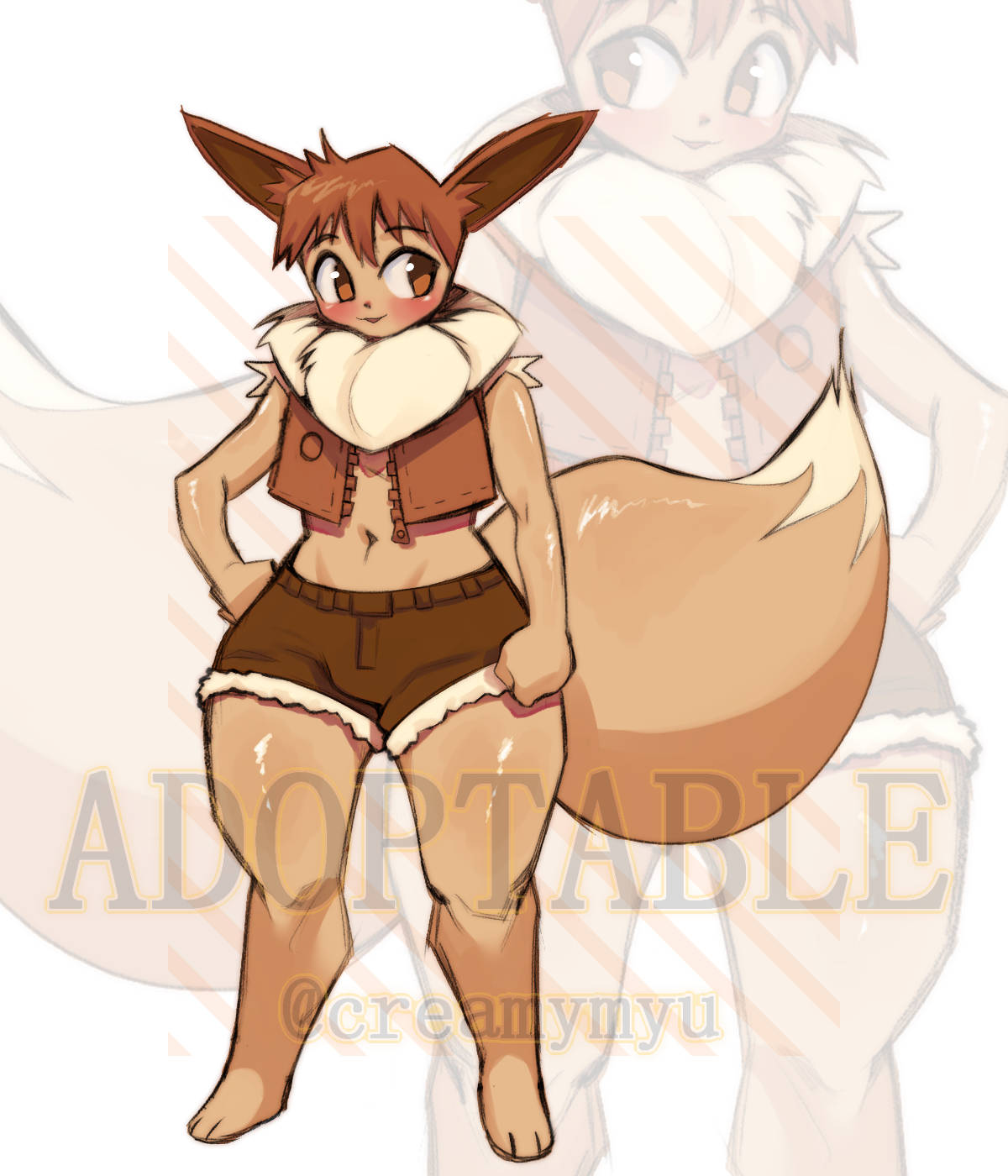 1boy adoptable anthro anthrofied blush brown_eyes brown_fur brown_hair clothed clothing creamymyu cute eevee femboy femboy_only looking_away male male_only nintendo pokemon pokemon_(species) short_hair shorts smile tail thighs