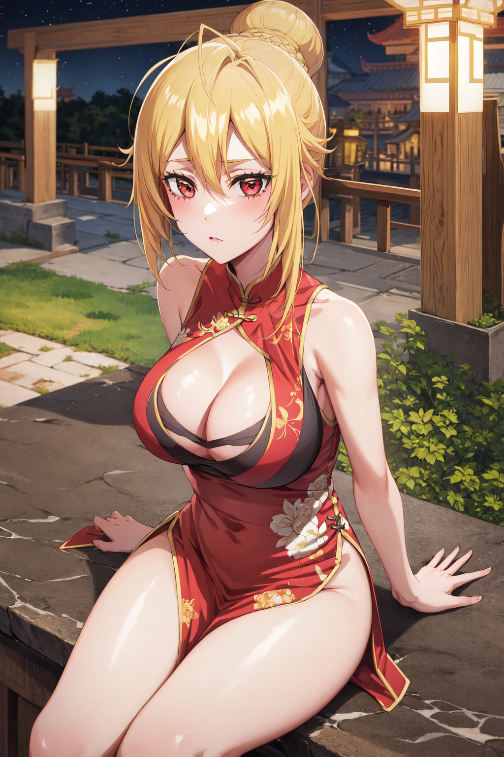 ai_generated angelica_rapha_redgrave big_breasts blonde_hair chinese_clothes cleavage female hair_bun no_panties otome_game_sekai_wa_mob_ni_kibishii_sekai_desu red_eyes