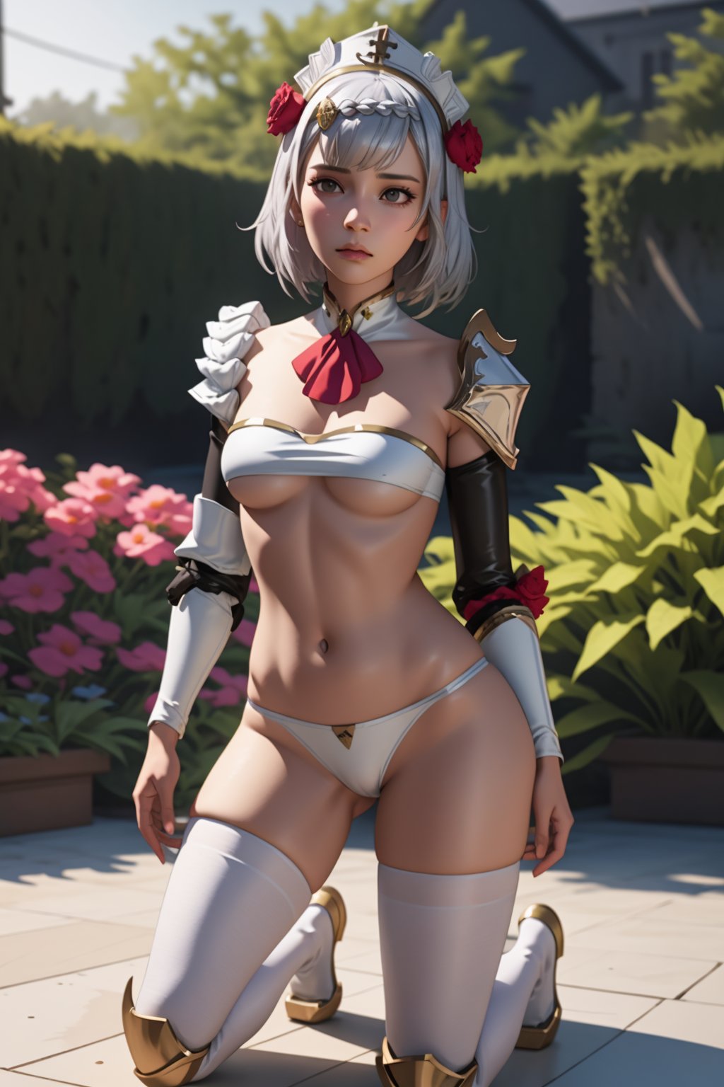 ai generated, bra, breasts, expressionless, female, genshin impact, kirill782, kneeling, maid, maid headdress, medium breasts, navel, noelle (genshin impact), nonude, panties, silver hair, stable diffusion, stockings, underboob, white clothing