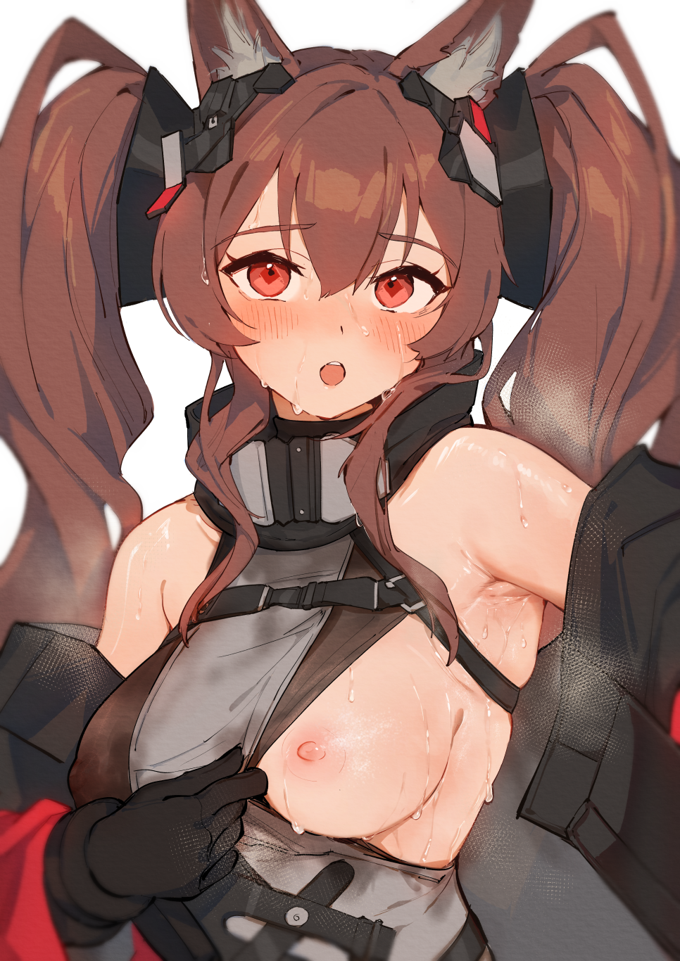 1girls :o angelina_(arknights) animal_ears areolae arknights arknights:_endfield armpit bare_shoulders big_breasts blush breasts brown_hair clothed female female_only gloves heavy_breathing highres kemonomimi light-skinned_female long_hair looking_at_viewer nipples nipples_visible_through_clothing no_bra one_breast_out open_mouth presenting presenting_breasts san_p.dro shiny_skin solo sweat sweating sweaty twintails uniform wet_skin white_background