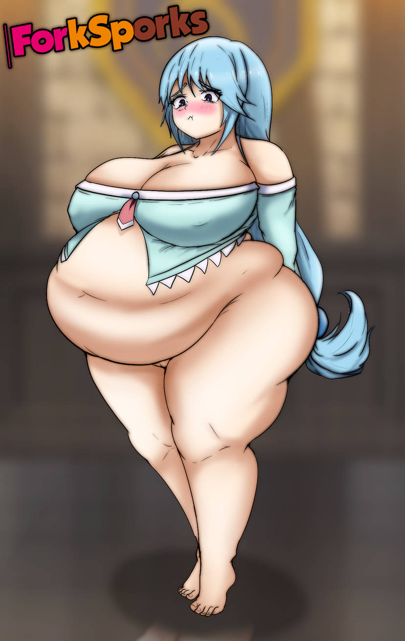 1girls aqua_(konosuba) bbw big_belly big_breasts blush chubby embarrassed erect_nipples fat fat_woman feet female female_only forksporks fupa kono_subarashii_sekai_ni_shukufuku_wo! nipples_visible_through_clothing no_panties solo thick_thighs toes weight_gain wide_hips