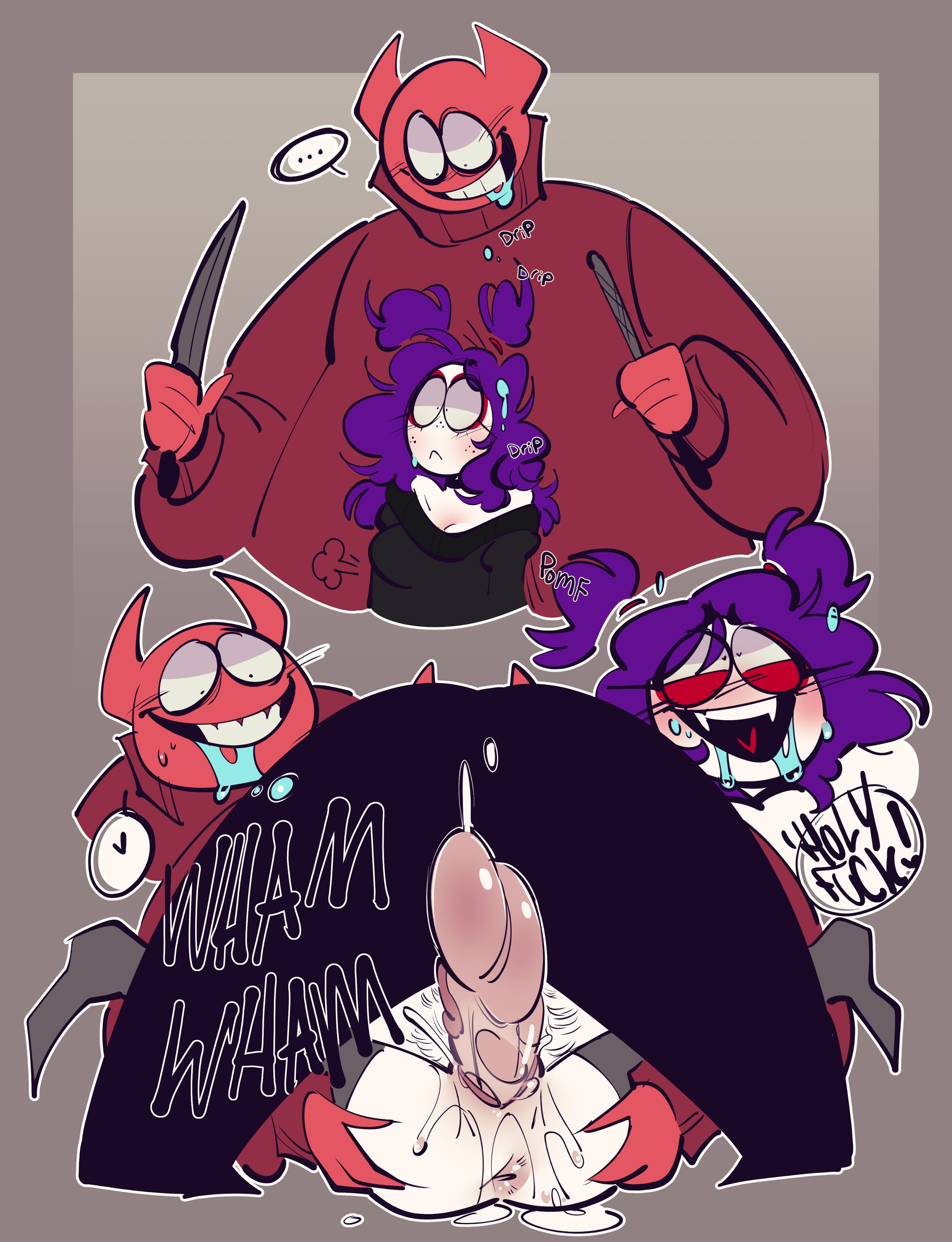 1boy, 1girls, anus, ass, asshole, bileshroom, bob velseb, cum in pussy, drool, drooling, english text, fanart, fat, fat male, female, haru (masochistfox), huge cock, male, male penetrating, male penetrating female, male/female, mating press, oc x canon, ocxcanon, overweight, overweight male, penis, purple hair, pussy, spooky month, text, vagina, vaginal, vaginal penetration, vaginal sex, wavy hair