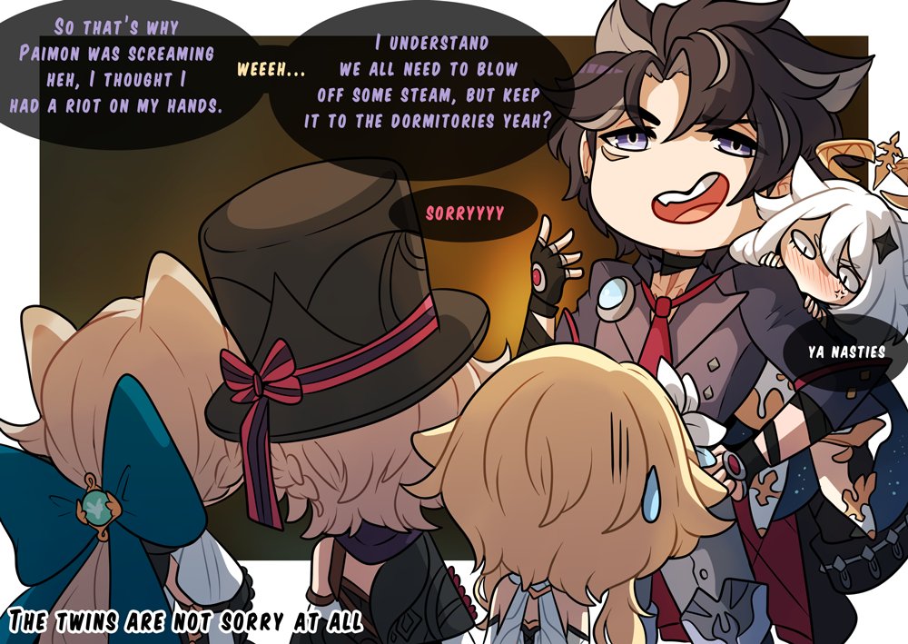 2boys, 2girls, chibi, english text, female, genshin impact, hat, kinkymation, lumine (genshin impact), lynette (genshin impact), lyney (genshin impact), male, paimon (genshin impact), post-sex, smile, text, top hat, wriothesley (genshin impact)