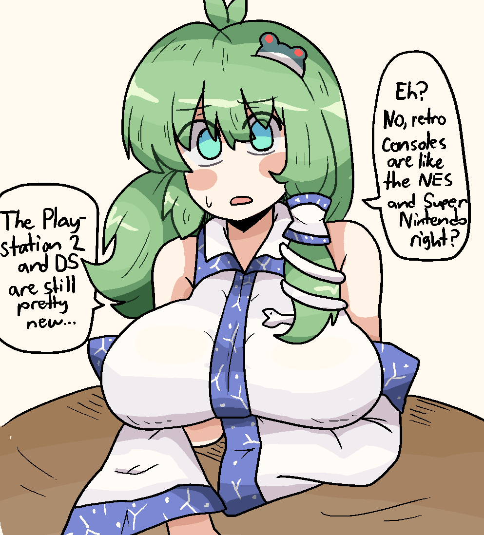 1girls big_breasts boomer_sanae breasts clothed_female english_text green_eyes green_hair hairclip light-skinned_female long_hair meme miko notnoe_(dxcl) pink_cheeks sanae_kochiya shrine_maiden table talking text text_bubble touhou white_background