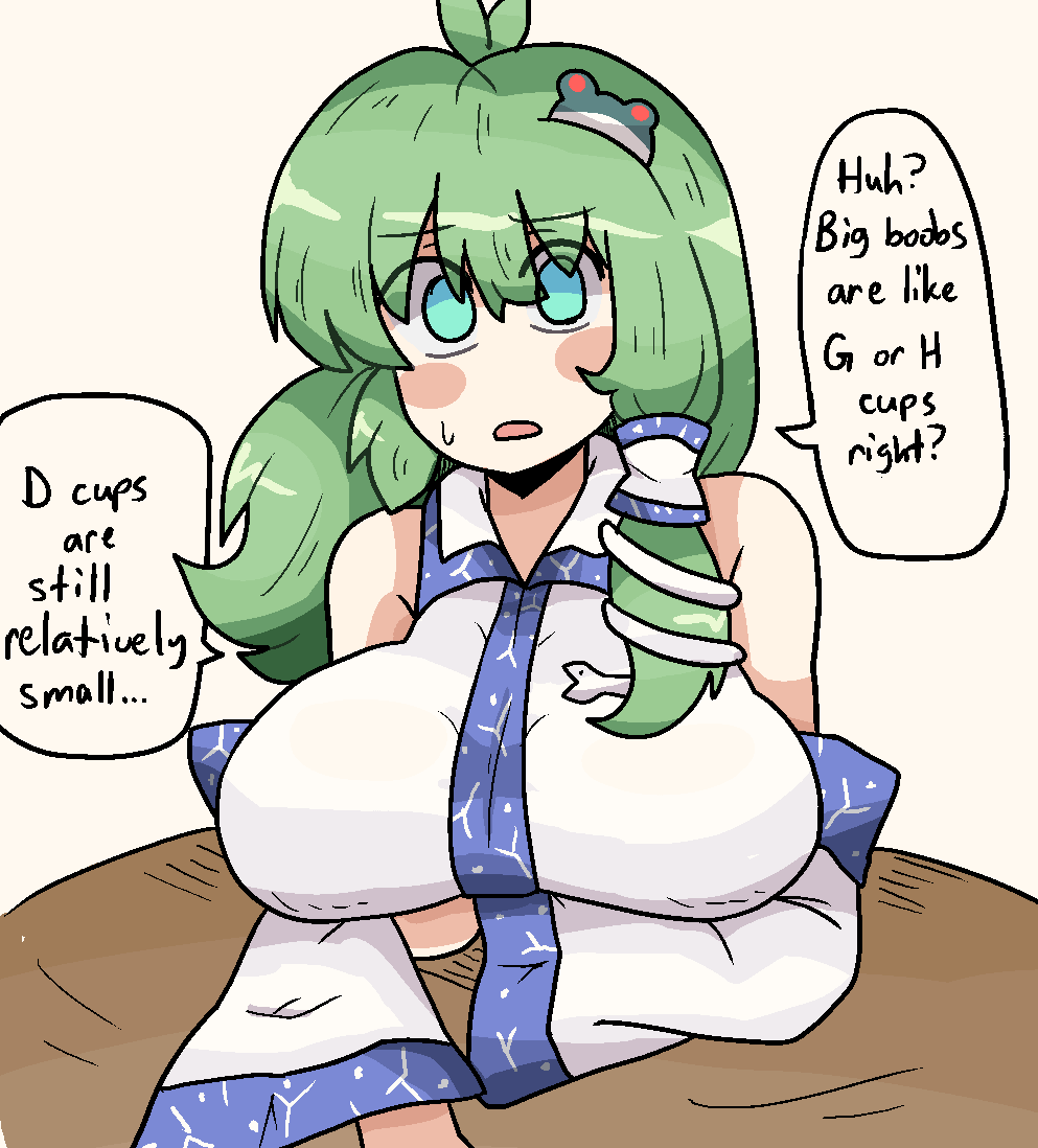 1girls alternate_text alternate_version_available big_breasts breasts clothed_female english_text green_eyes green_hair hairclip light-skinned_female long_hair meme miko notnoe_(dxcl) pink_cheeks sanae_kochiya shrine_maiden table talking text text_bubble touhou white_background