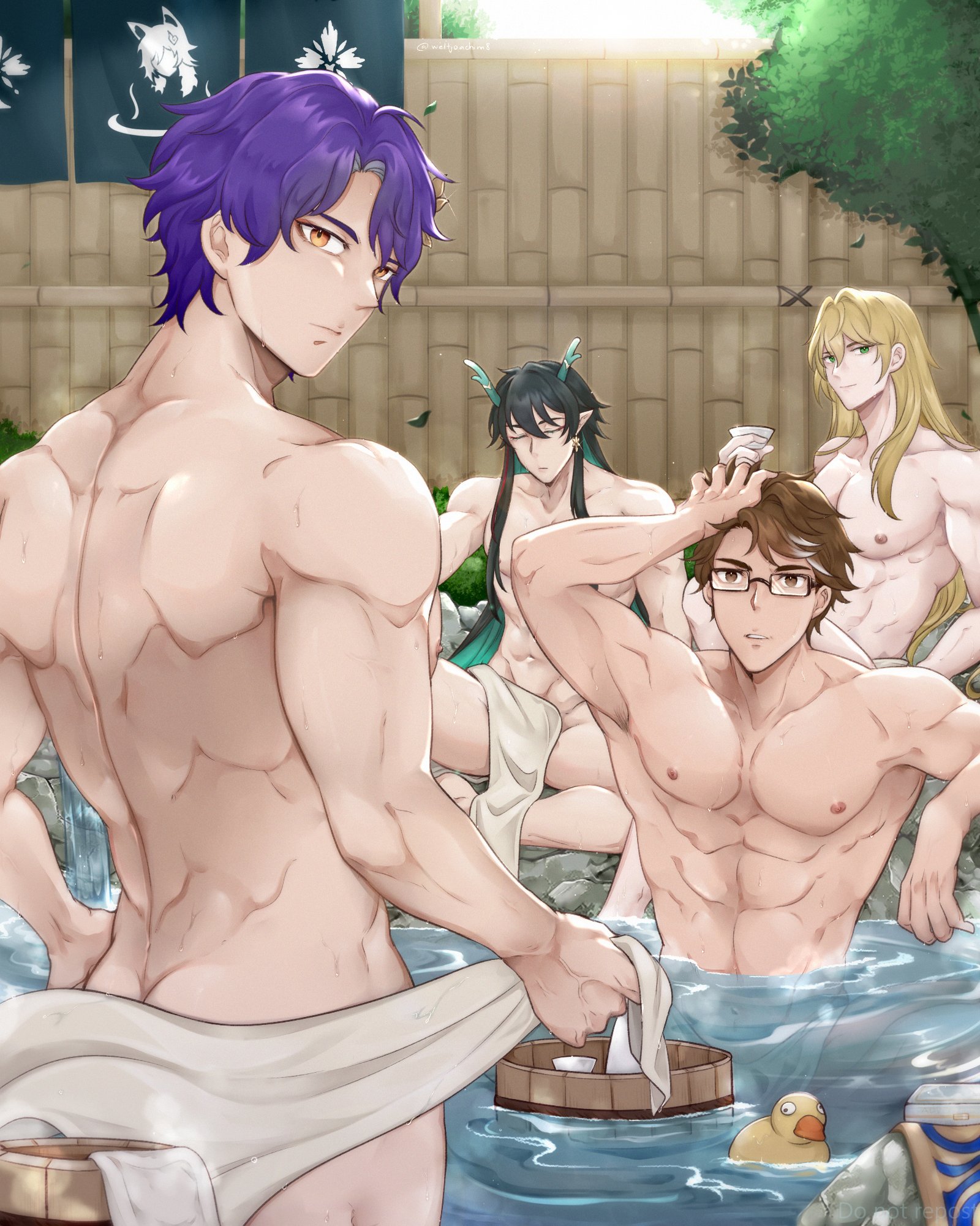 4boys, abs, bishonen, dan heng, dan heng (imbibitor lunae), dr. ratio (honkai: star rail), gay, honkai: star rail, luocha (honkai: star rail), male, male only, multiple boys, multiple males, onsen, pecs, rubber duck, towel, towel around waist, towel only, welt yang (honkai: star rail), yaoi
