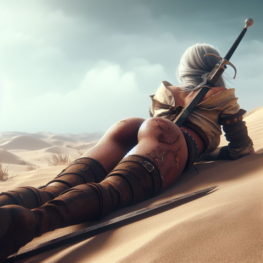 ai generated, ass, ciri, clothing, desert, female, sand, sword, the witcher (series), the witcher 3: wild hunt, white hair, witcherzonensfw