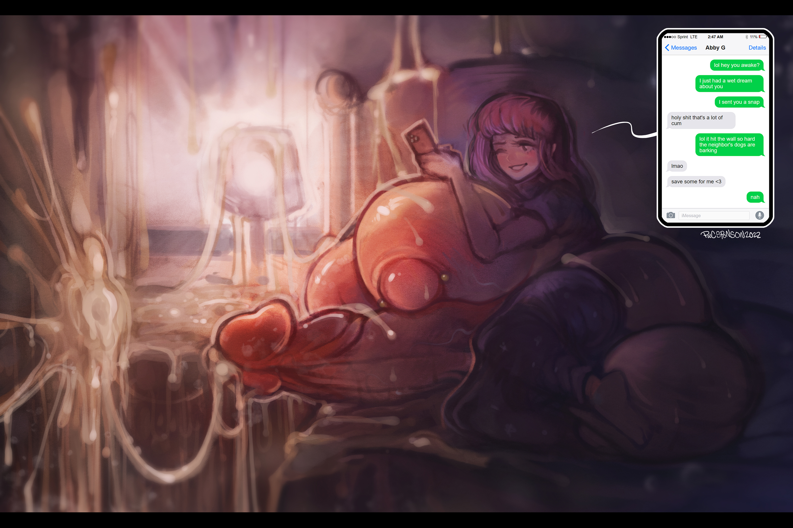 1futa, areolae, balls, bangs, big balls, big breasts, big cock, big penis, big testicles, breasts, clothed, clothing, cock, cum, cum on wall, cum string, english text, erection, futa only, futanari, giant breasts, gigantic breasts, huge balls, huge breasts, huge cock, huge testicles, human, intersex, large balls, large breasts, large cock, large penis, large testicles, light skin, light-skinned futa, massive breasts, massive cock, massive penis, nipple piercing, nipples, partially clothed, penis, piercing, projectile cum, pwcsponson, solo, testicles, text, thick cum