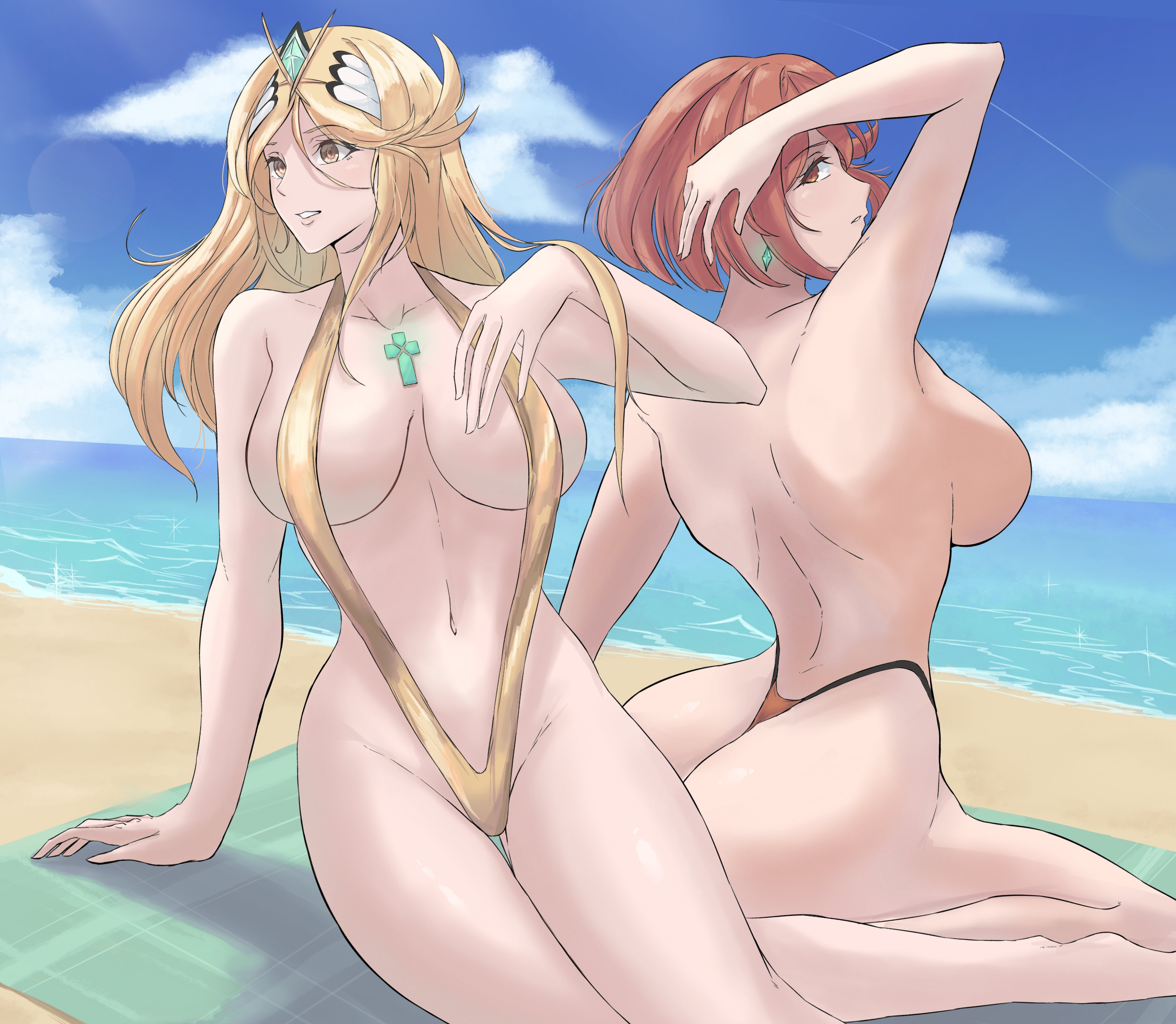 2girls, ass, breasts, calmgreentori, core crystal, female, female only, mythra, nintendo, pyra, sling bikini, slingshot swimsuit, tagme, xenoblade (series), xenoblade chronicles 2