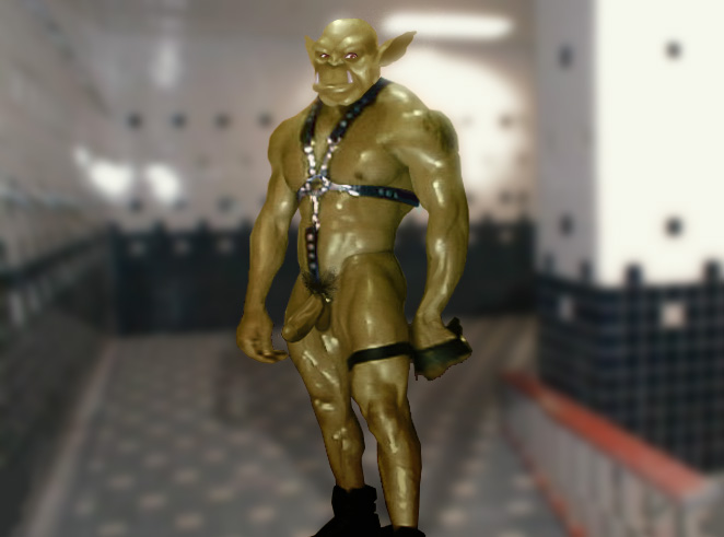 2006 balls birdy floor genitals green_body green_skin harness humanoid humanoid_pointy_ears leather leather_harness looking_at_viewer male male_only nipples not_furry orc orc_male penis pubes solo tile tile_floor tile_wall trassk tusks wall_(structure)