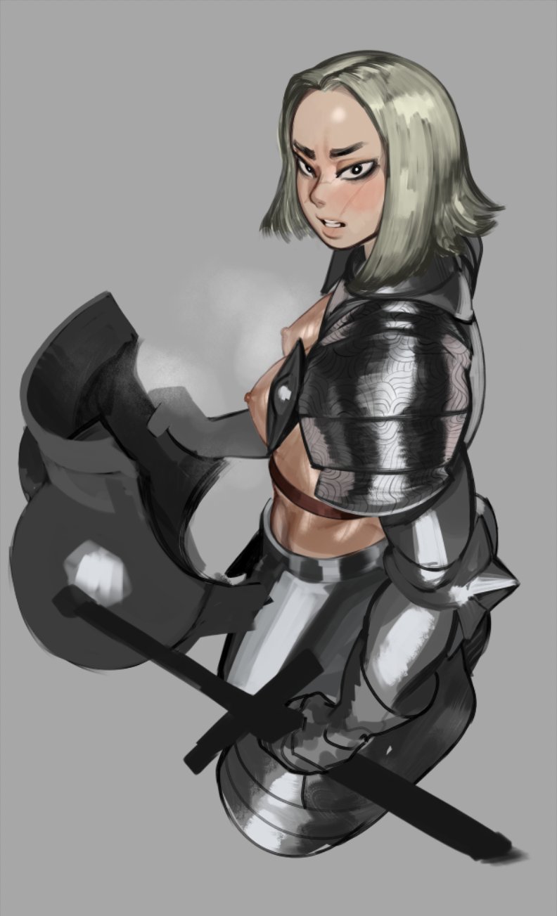 armor, blonde hair, breast plate, breasts, female, female only, holding object, knight, looking at viewer, musk, nipples, original character, revealing breasts, side view, skrats, small breasts, sword, tagme, viewed from above, white eyes