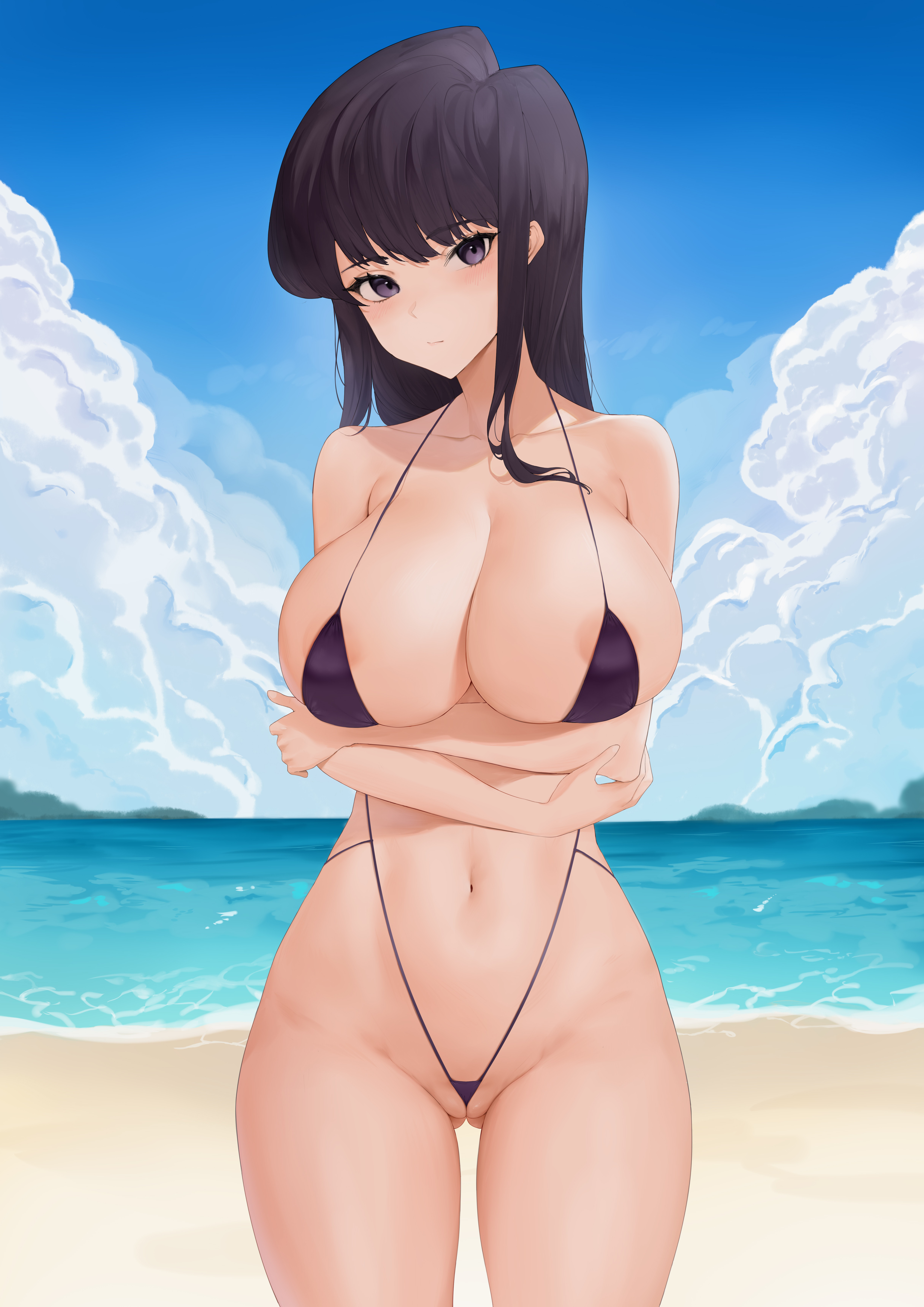 1girls, alternate version available, areola slip, areolae, background, beach, big breasts, bikini, bikini bottom, bikini top, black bikini, black eyes, black hair, bottomwear, breasts, cameltoe, cleavage, female, female only, hair, hips, huge breasts, komi shouko, komi-san wa komyushou desu, long hair, looking at viewer, micro bikini, pussy, solo, solo female, swimwear, thighs, topwear, xiaoqian9
