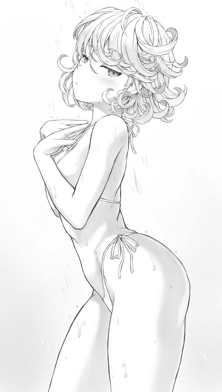 1girls, bikini, black and white, blush, breasts, curly hair, female, mogudan, monochrome, one-punch man, tatsumaki, thighs