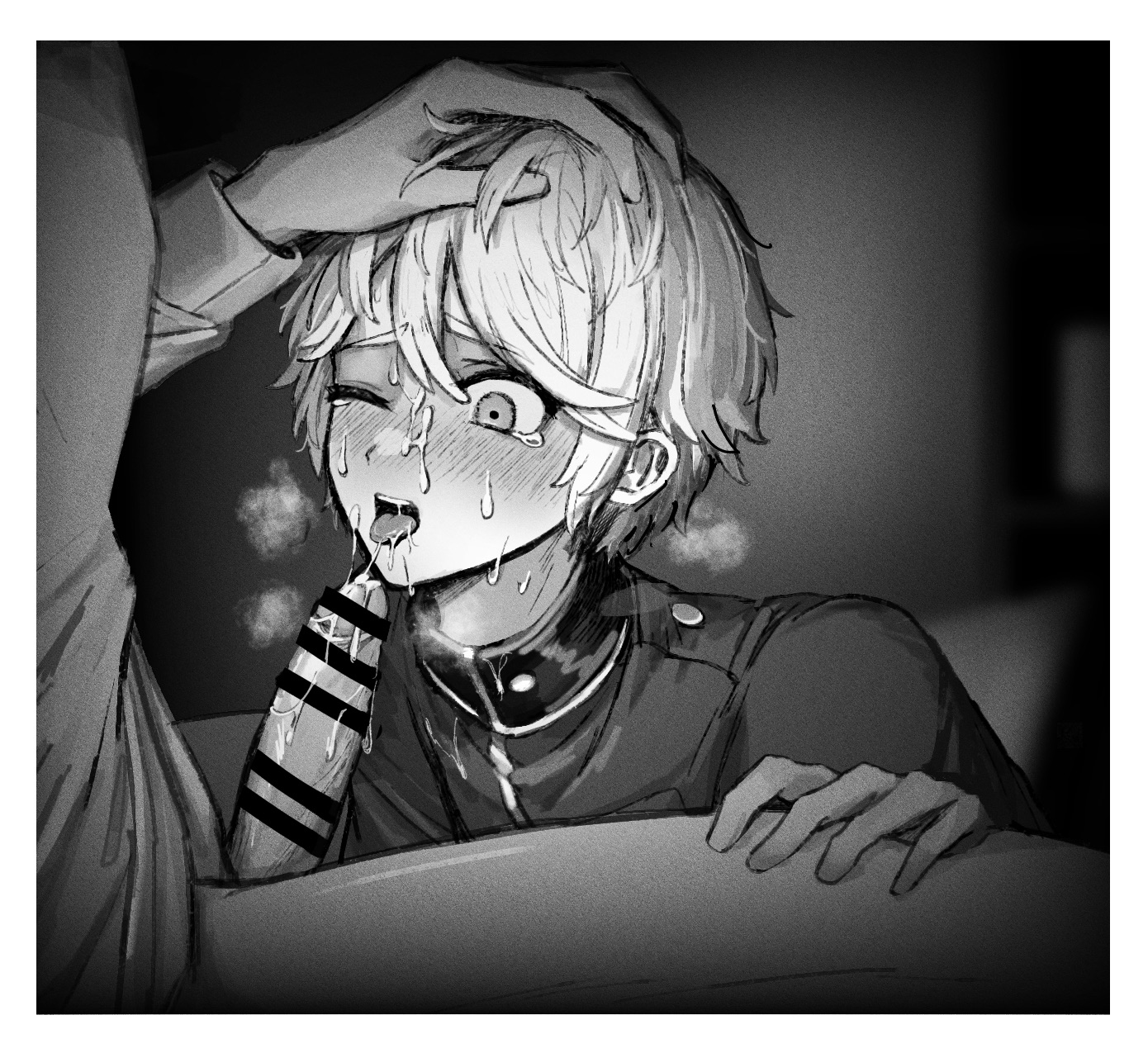 2boys, after fellatio, blush, bottomless, censored, cum, cum in mouth, cum on face, cum string, erection, femboy, gay, girly, hair grab, head grab, identity v, male, male/male, medium hair, monochrome, one eye closed, penis, shirt, steam, tears, tendenbarabara, tongue, tongue out, victor grantz, yaoi