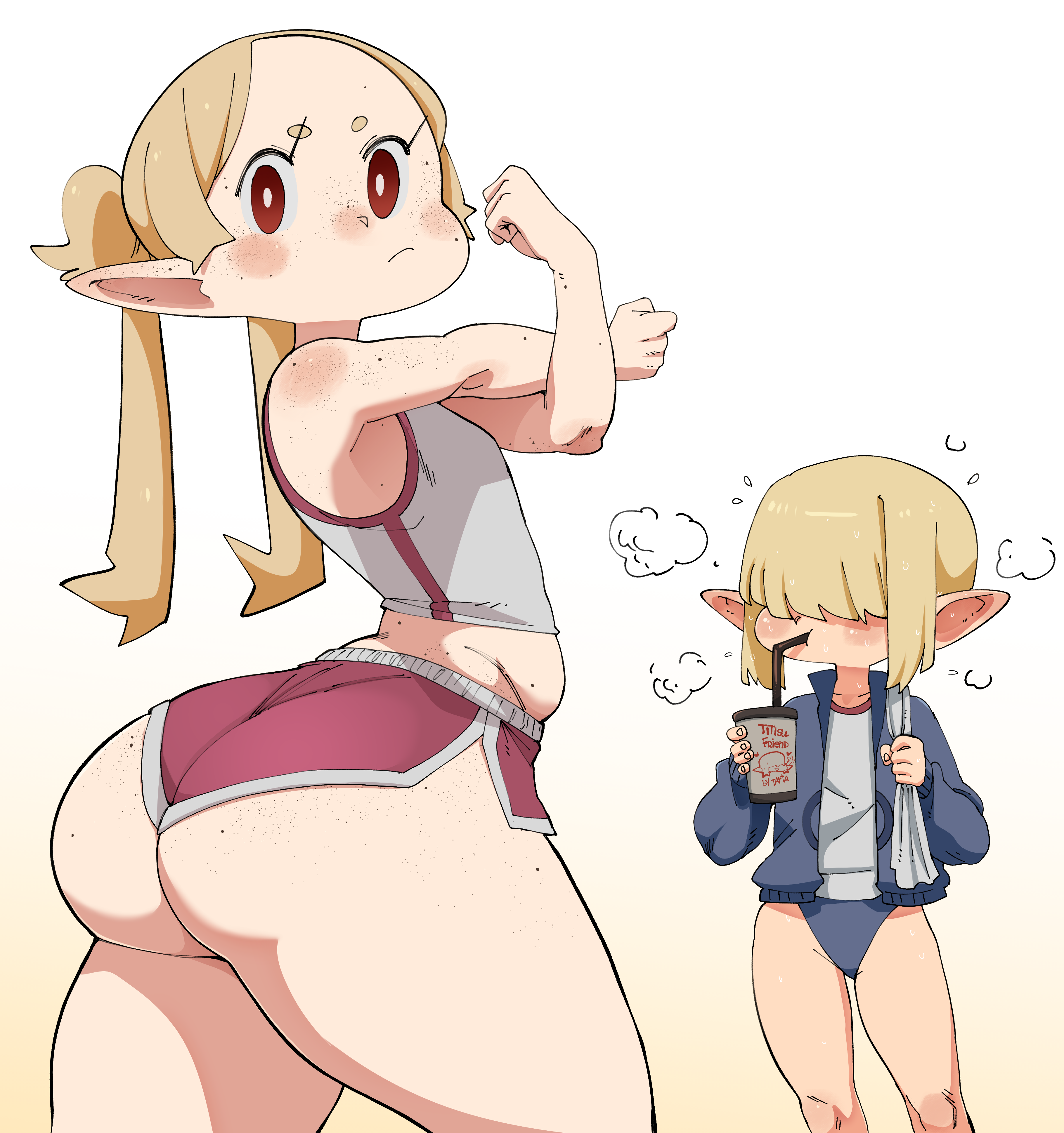 2girls, ass, ass focus, ass hanging out of shorts, background character, big ass, big butt, blonde hair, bottom heavy, breasts, character request, clothed, clothing, female, female only, french kiss, gradient background, hair over eyes, hi res, highres, huge ass, huge butt, large ass, large butt, light skin, light-skinned female, long ears, long hair, looking at viewer, nuclearwasabi, original character, pointy ears, red eyes, short hair, shorts, sister tartaruchi, slightly chubby, small breasts, sportswear, stretching, sweater, tank top, thick thighs, thunder thighs, twintails